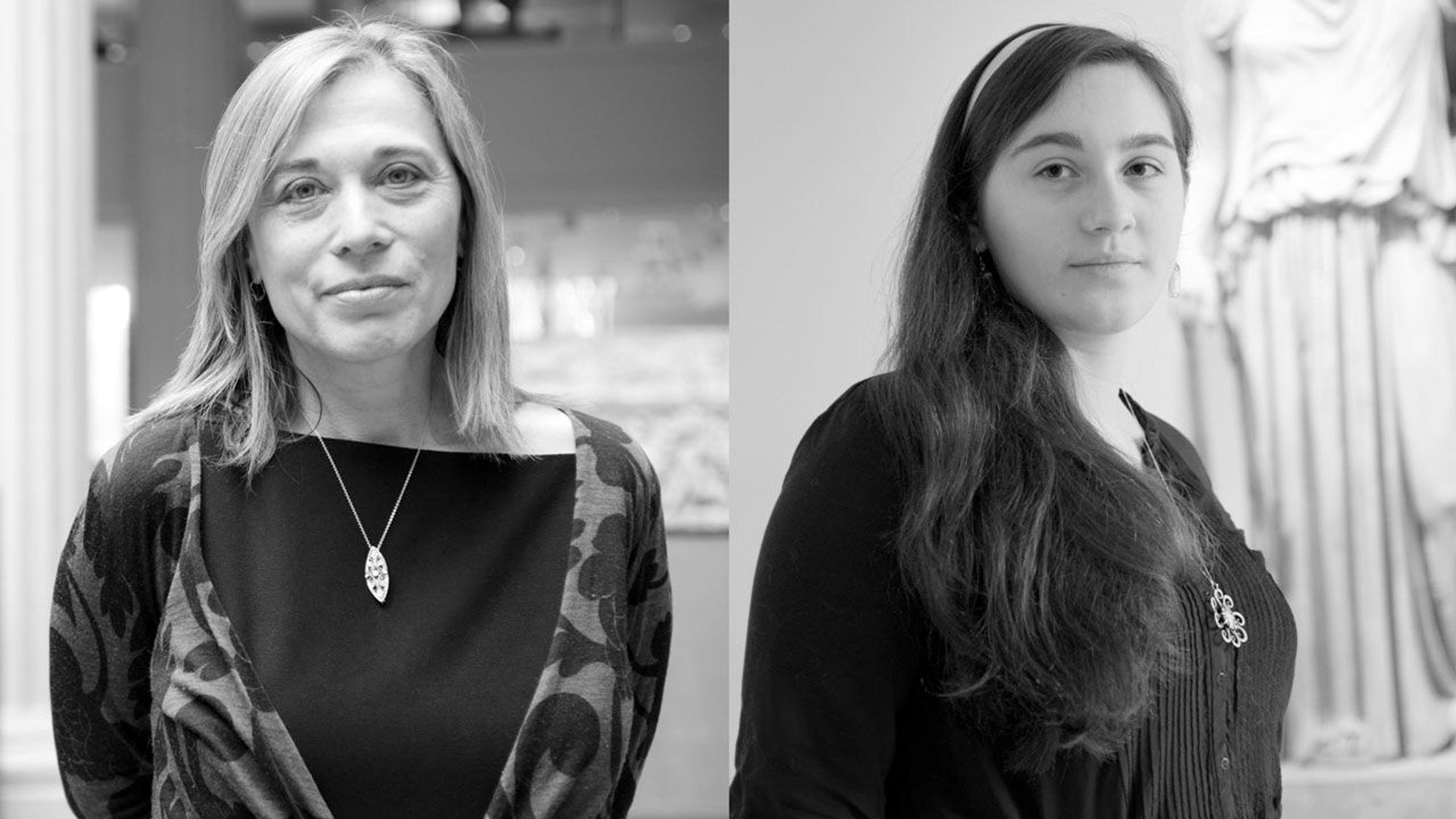Two black and white photographs—on the left is Gwen Roginsky and on the right is her teenage daughter Ana Sofia—both are standing in a gallery at The Met