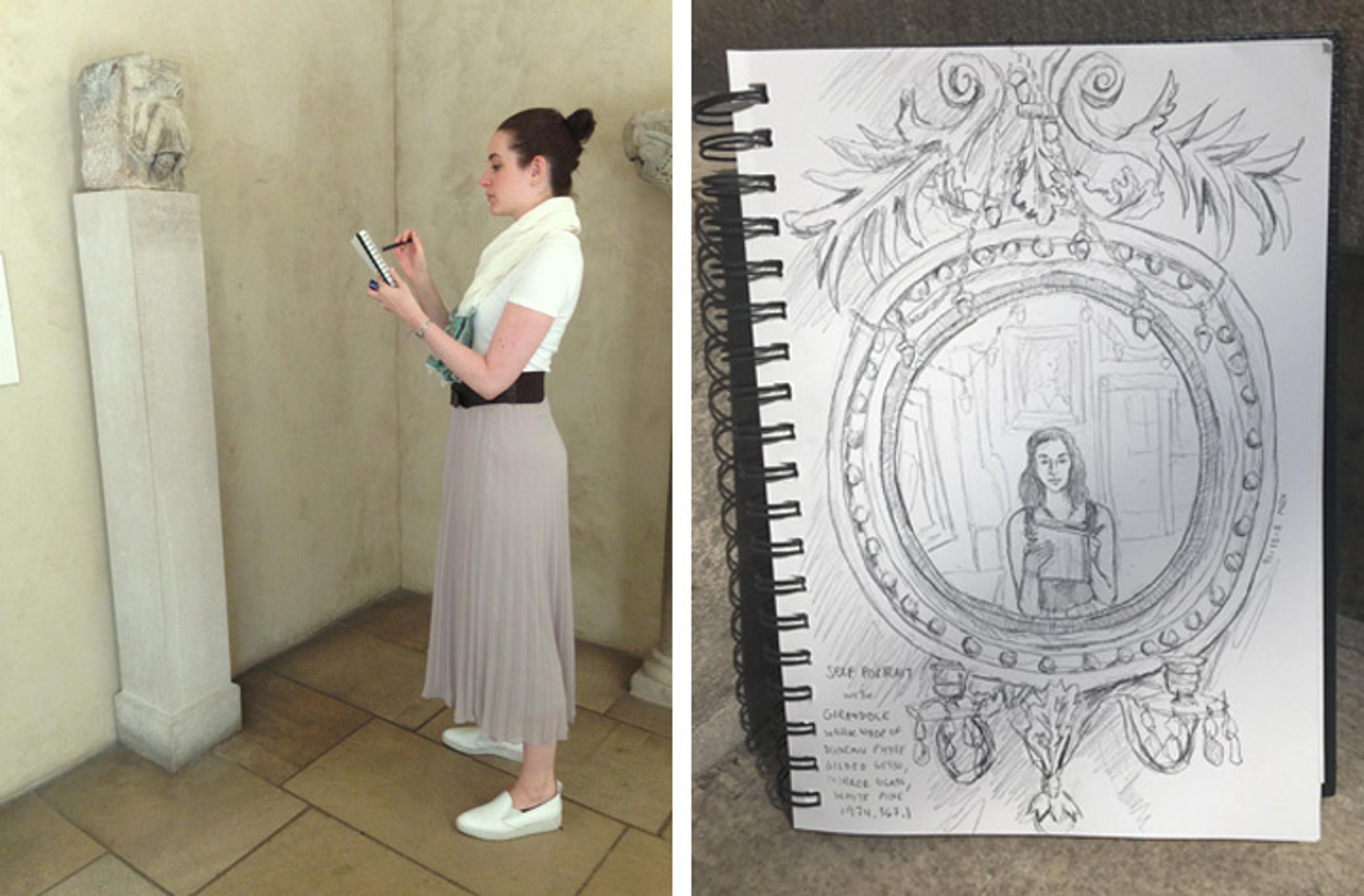 Author drawing a sculpture at The Met; self-portrait 