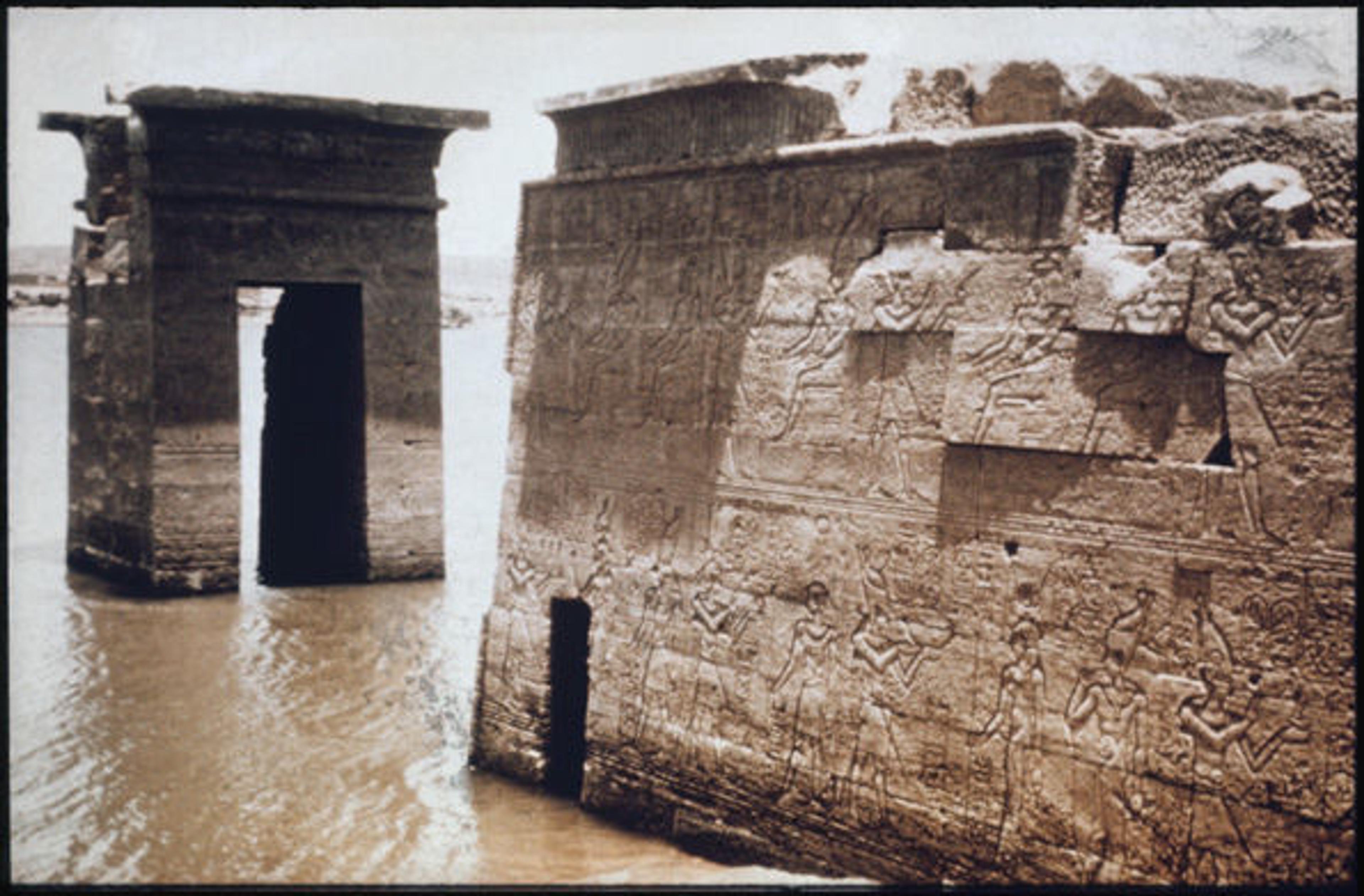 The Temple of Dendur in situ. Exterior, north side, including gateway, toward east; partly flooded. Photographed ca. 1959