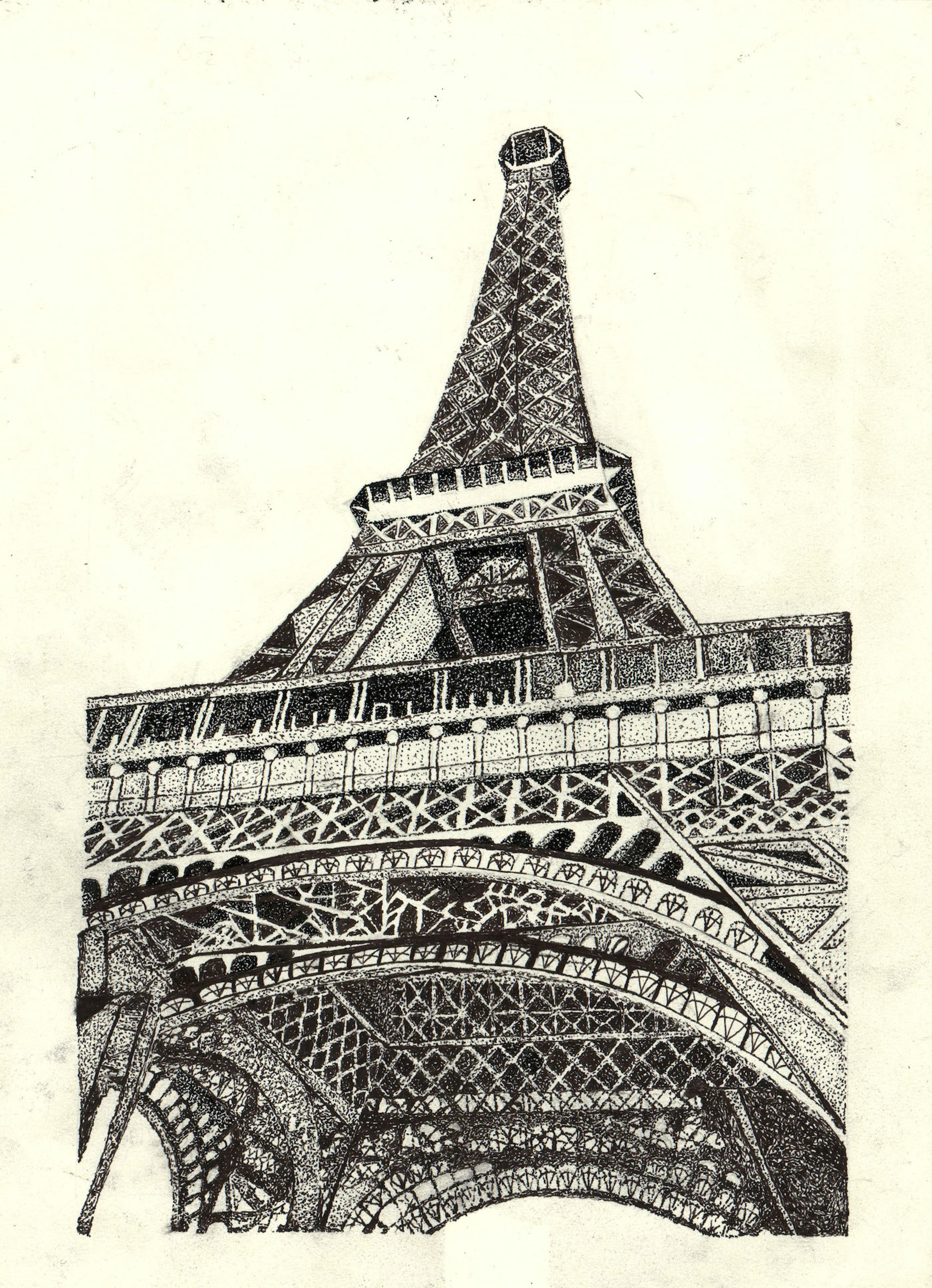 Black ink drawing of the intricate steel spire of the Eiffel Tower rising up into the sky, as viewed looking upward from the ground below, almost directly beneath the tower's base.