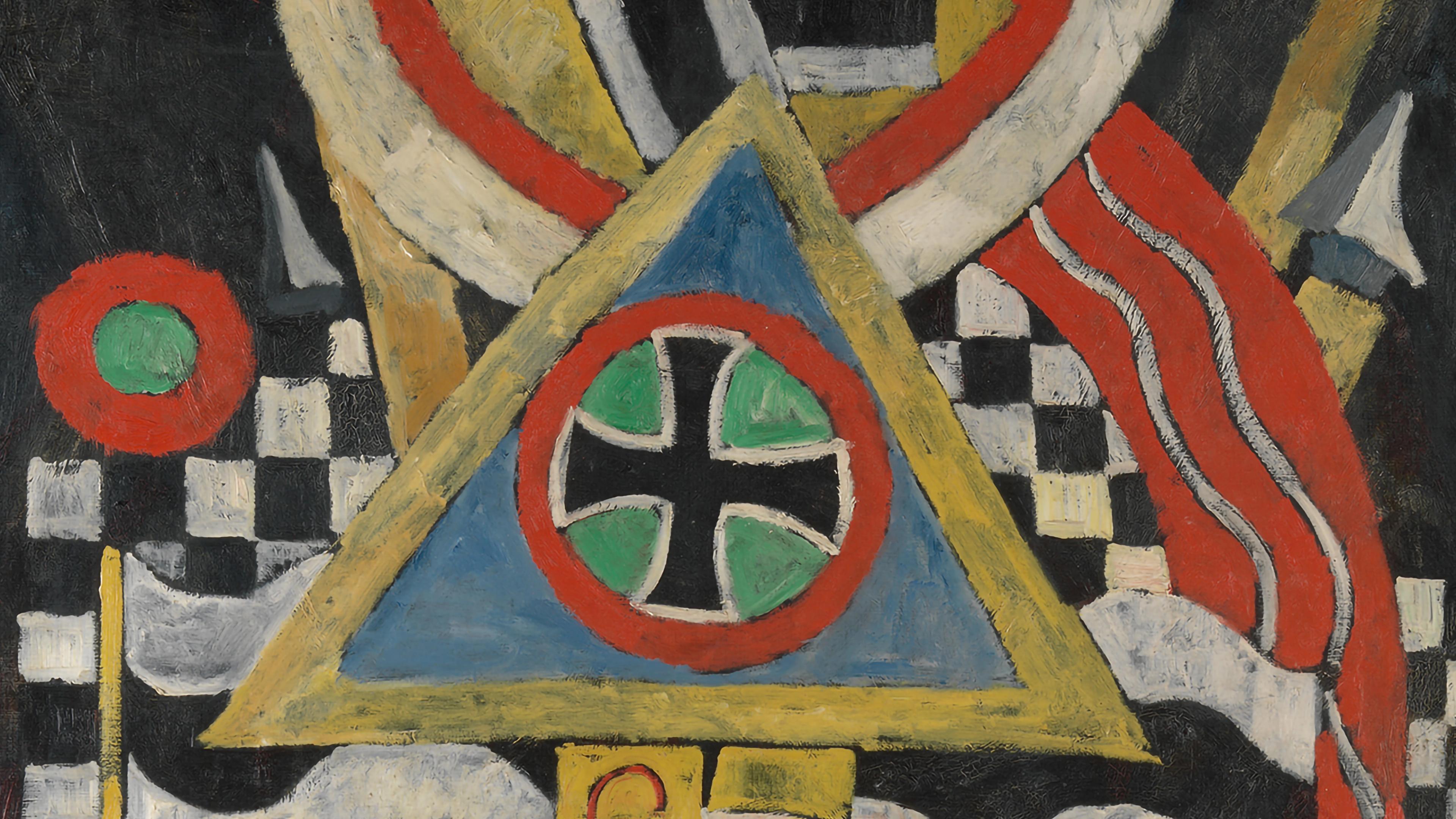 Abstract painting with bold colors shapes. A black cross is framed within a triangle at the center of the painting.