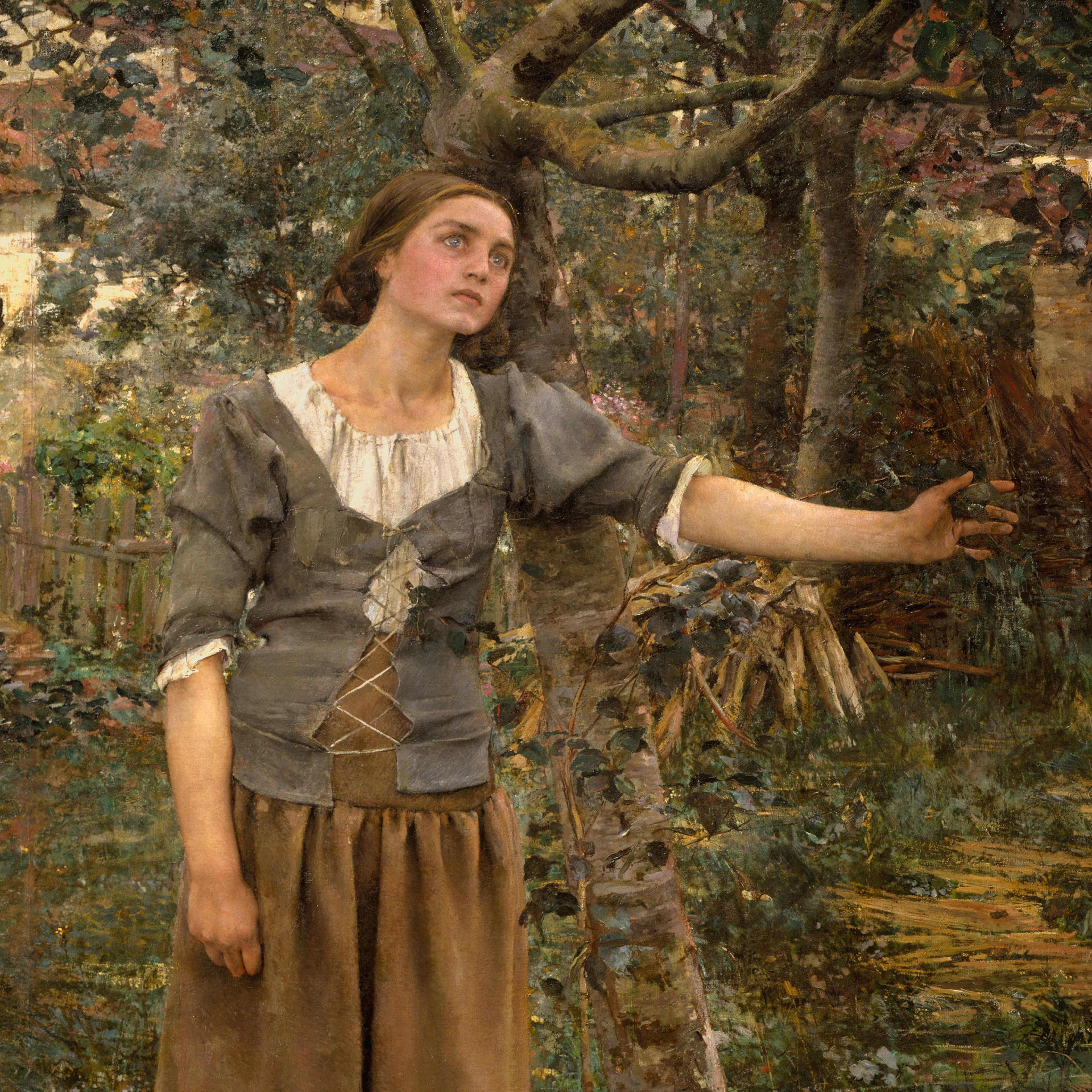 A woman in simple dress looks upward, her left arm reaching out as she leans against a tree trunk.