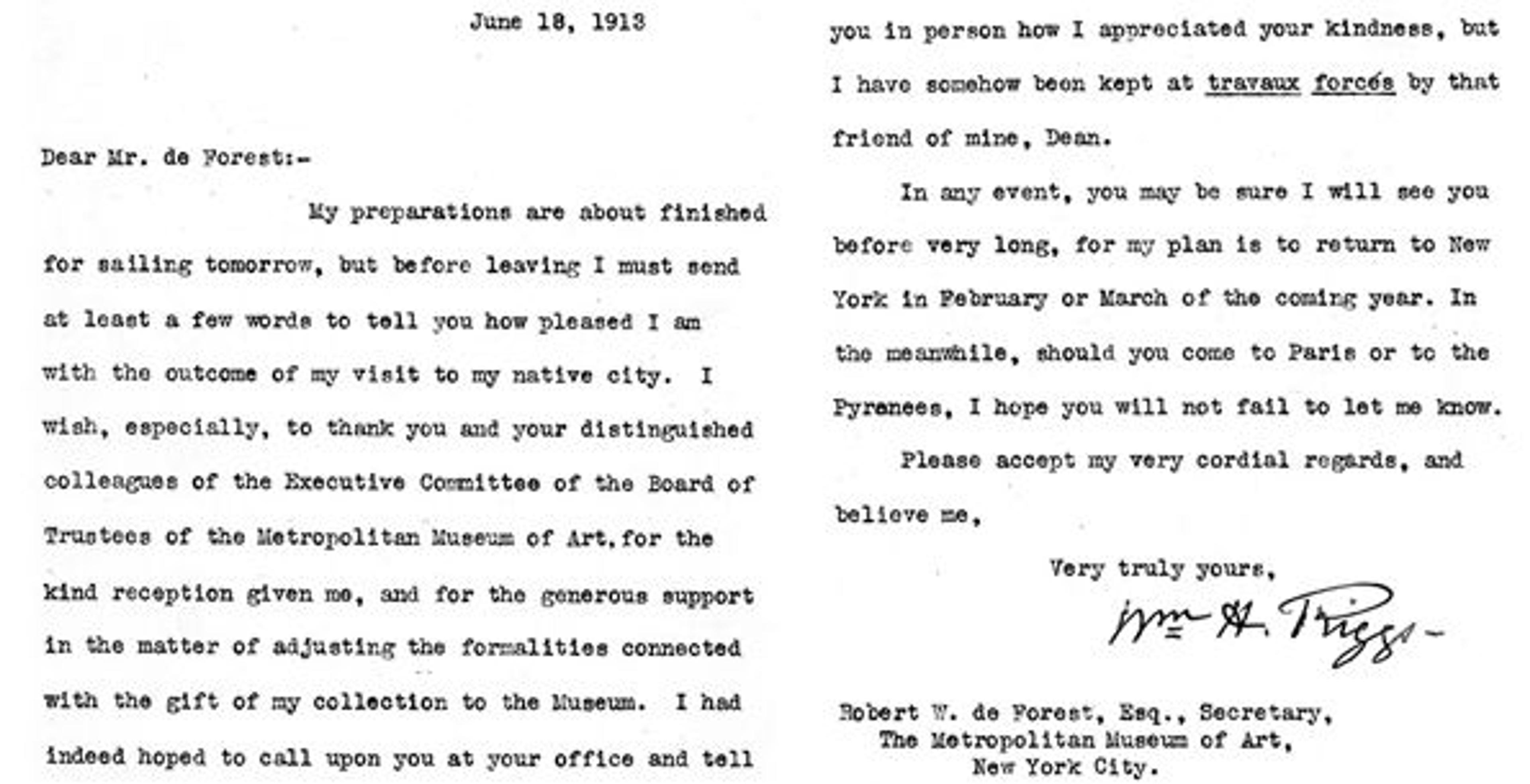 William H. Riggs letter to Museum Secretary Robert W. de Forest
