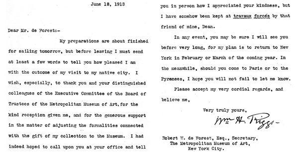 William H. Riggs letter to Museum Secretary Robert W. de Forest