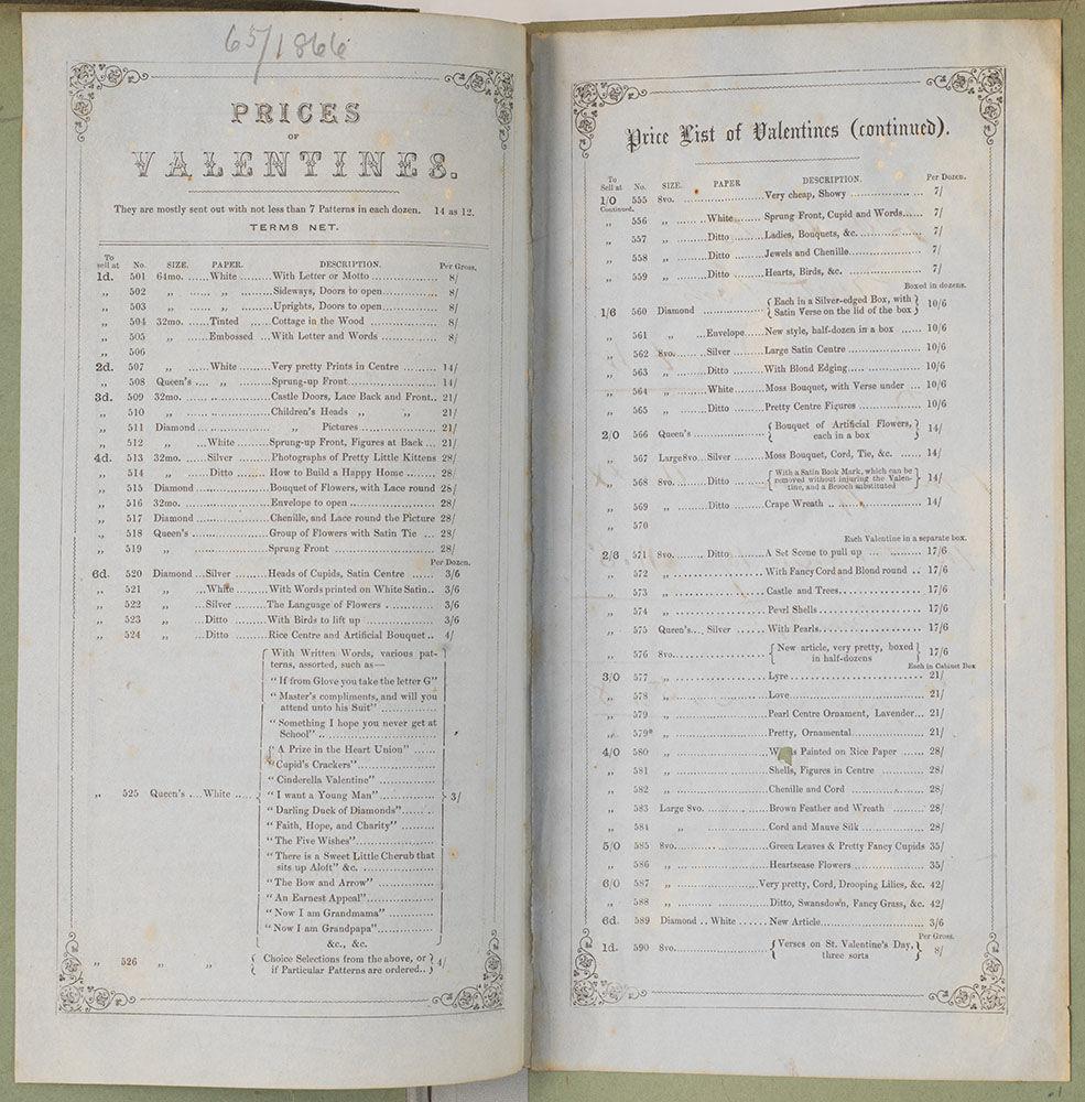 Price list of valentines printed on blue paper.