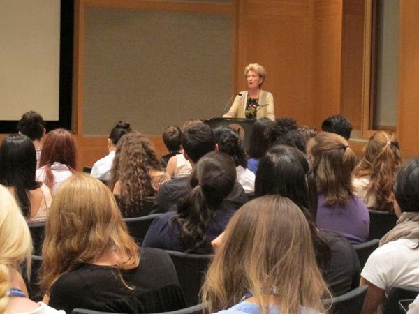 Emily Rafferty speaking to interns