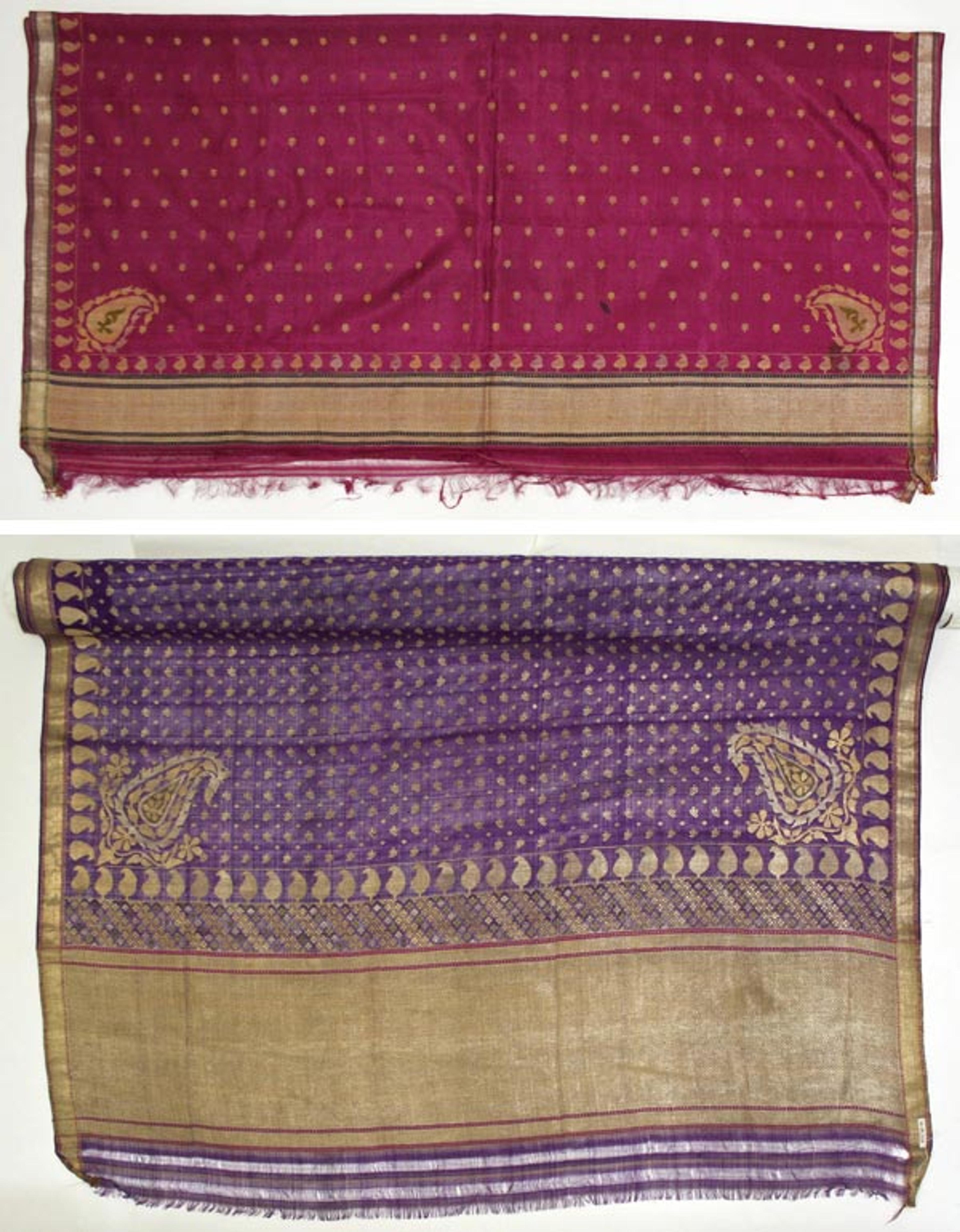 Top: Sari, 1800–1941. Indian. Silk. The Metropolitan Museum of Art, New York, Gift of Mrs. Van S. Merle-Smith, 1941 (C.I.41.110.185). Bottom: Sari, 1800–1958. Indian. Silk. The Metropolitan Museum of Art, New York, Gift of Ethel Frankau, 1958 (C.I.58.33.6)