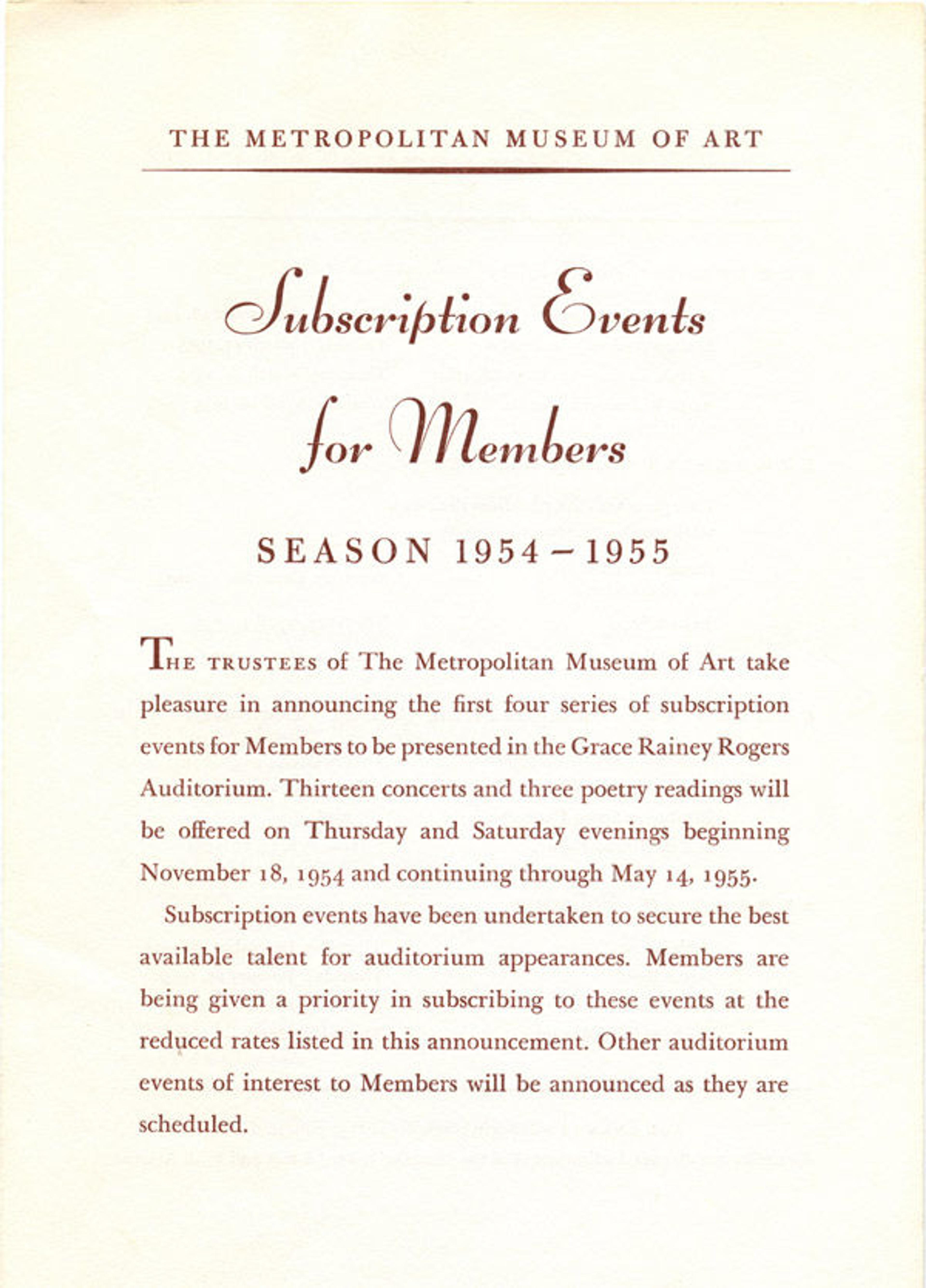 Brochure cover for the 1954–55 "Subscription Events for Members"