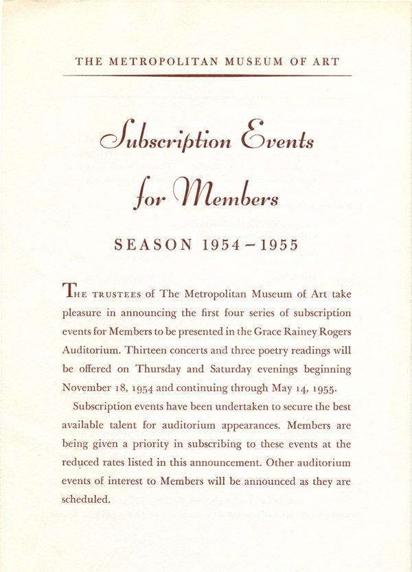 Brochure cover for the 1954–55 "Subscription Events for Members"