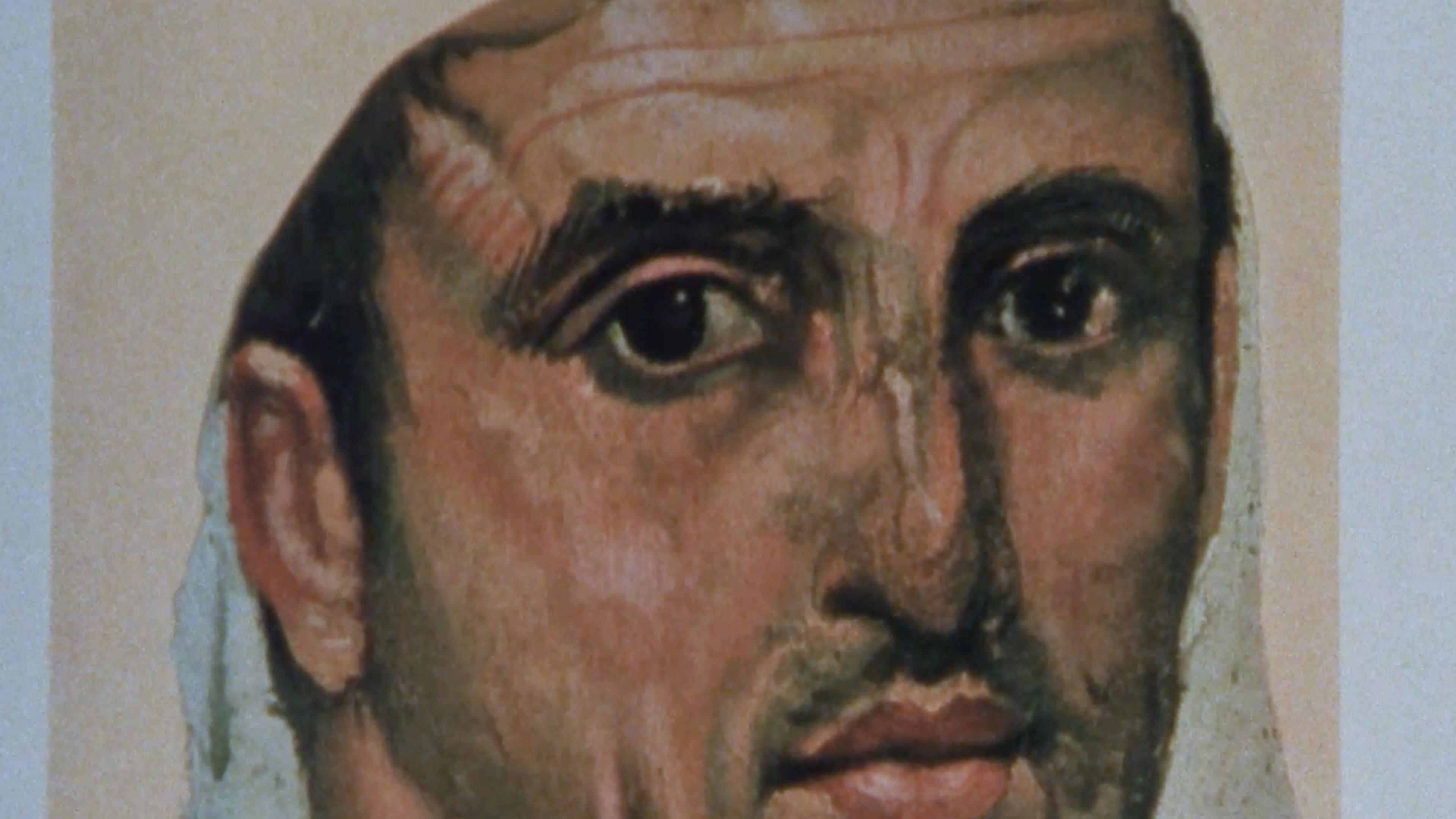 Close-up painted portrait of a serious, bald man with dark eyes, heavy brows, mustache, and weathered features against a muted background.