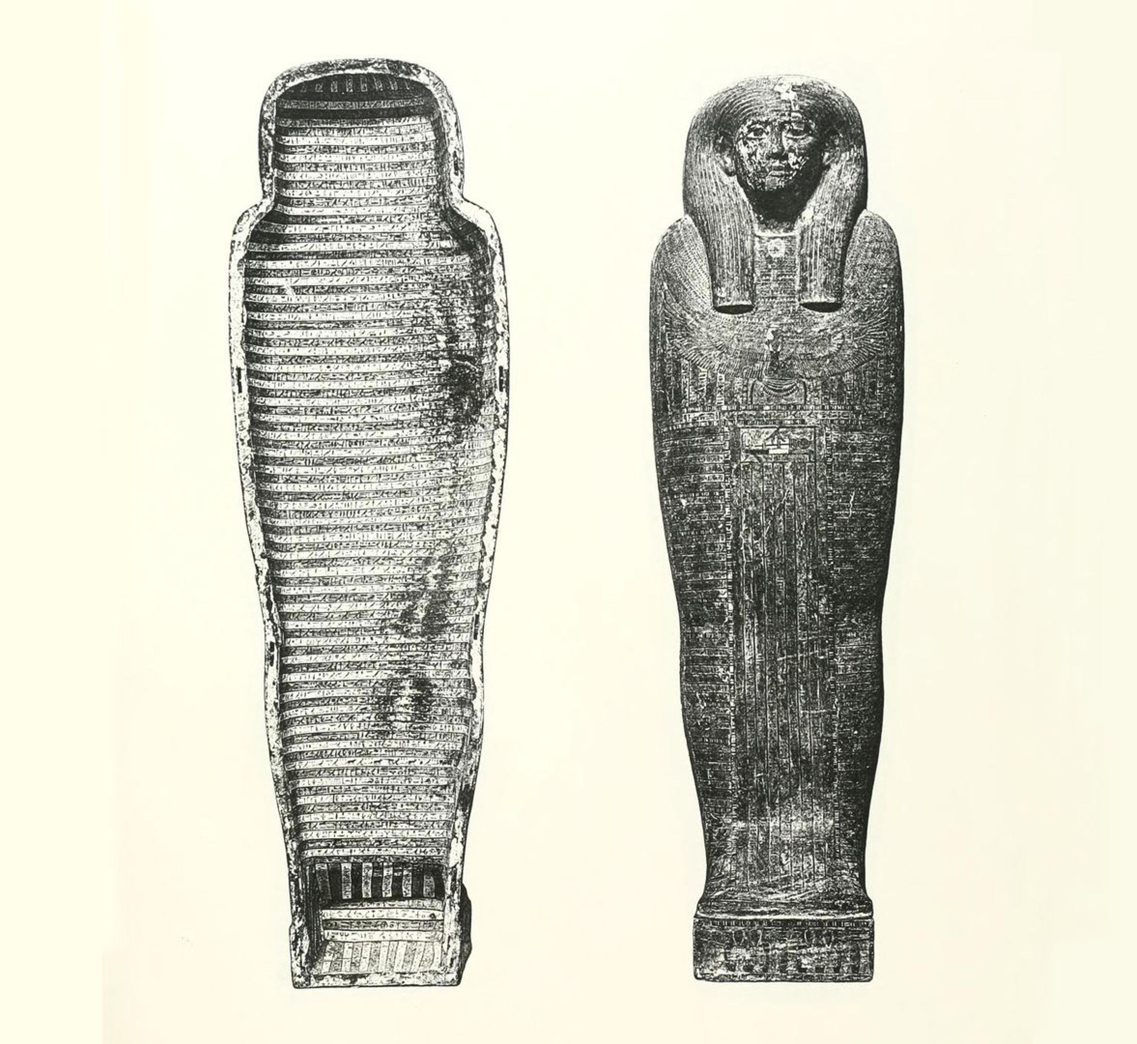 Two views, in black and white, against light beige paper, of a human-shaped coffin lid covered with text in hieroglyphs.