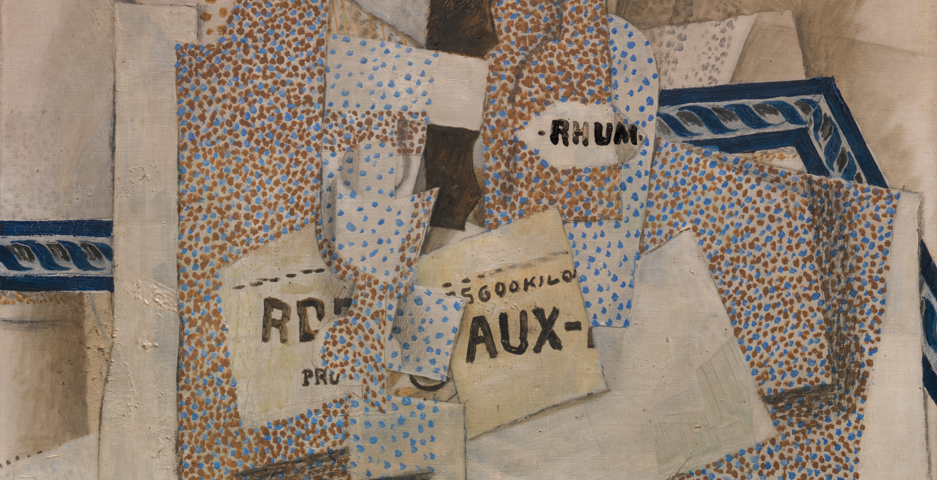 Oil painting which imitates layered paper and rum labels with red and blue dots throughout