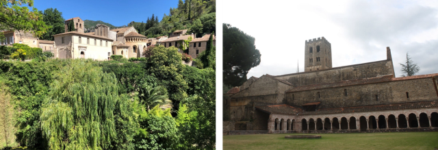 At left, contemporary exterior view of a large, castle-like cloister, nestled in greenery atop a hill. At right, contemporary view of a the worn walls of a fortress and exterior colonnade.