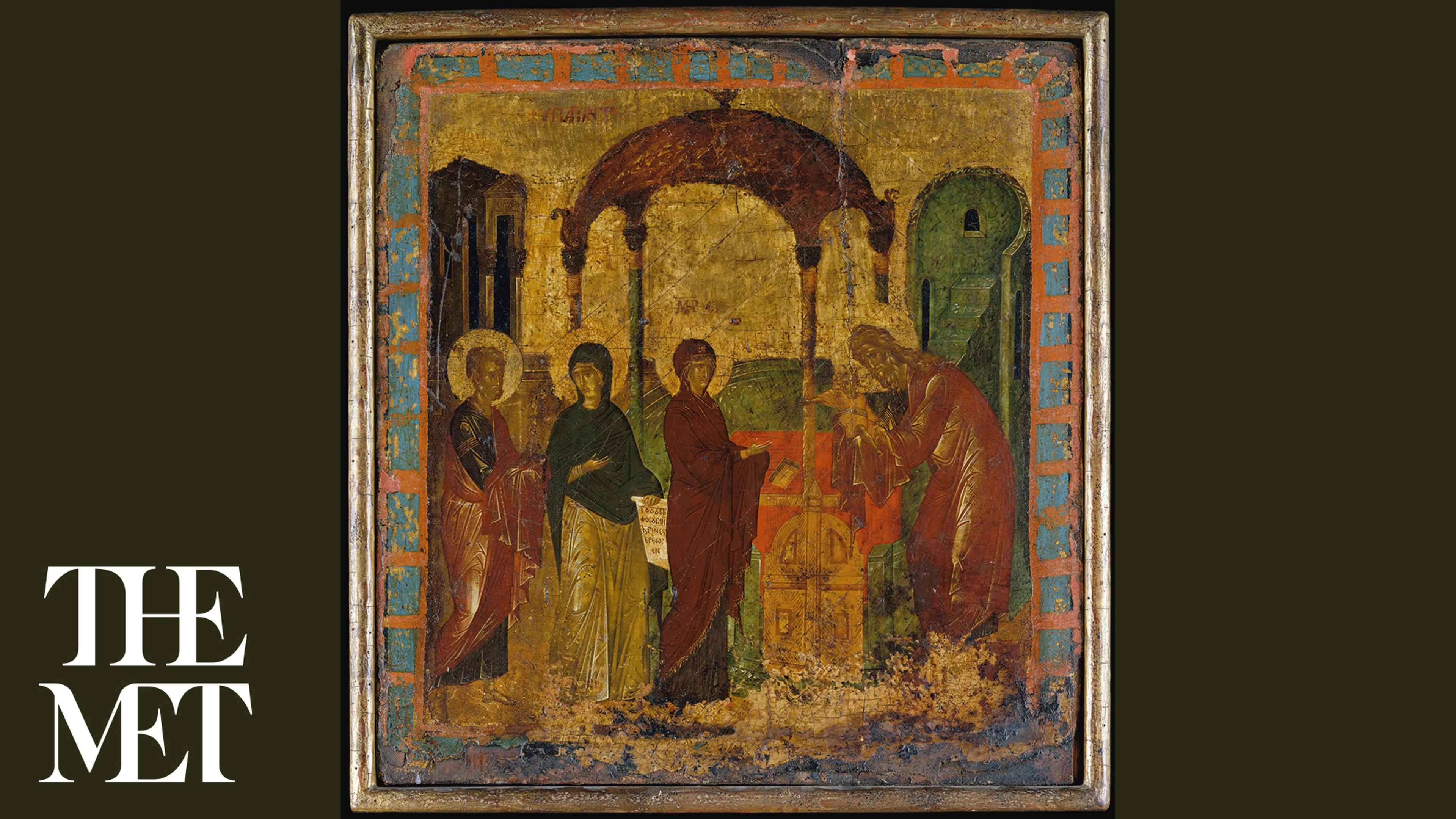Wooden panel from The Met's Byzantium collection, depicting Mary and Joseph as they Jesus at the Temple.