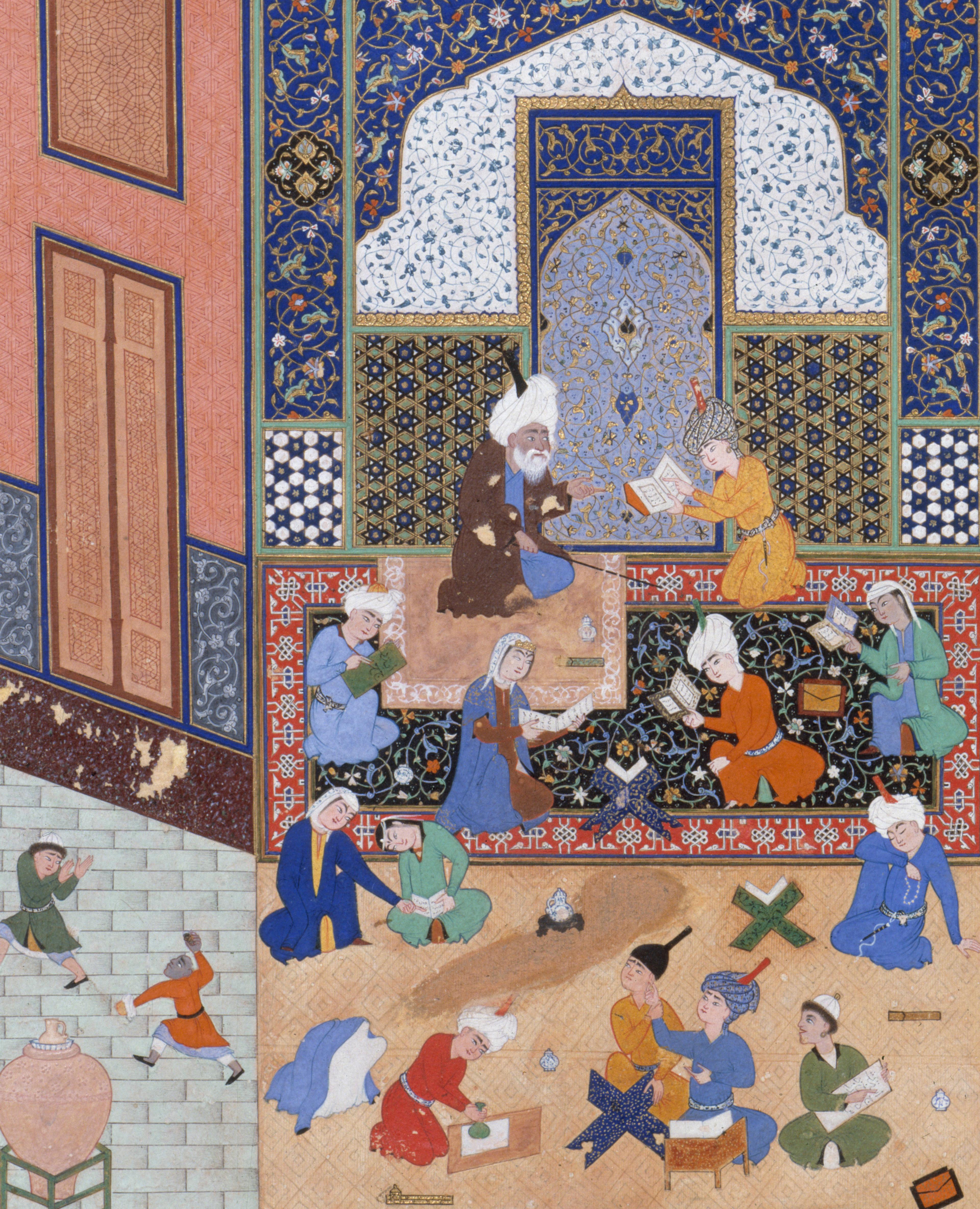 Painting of an interior of a school with children at work in the foreground and robed figures reading and writing around a tiled architectural niche.