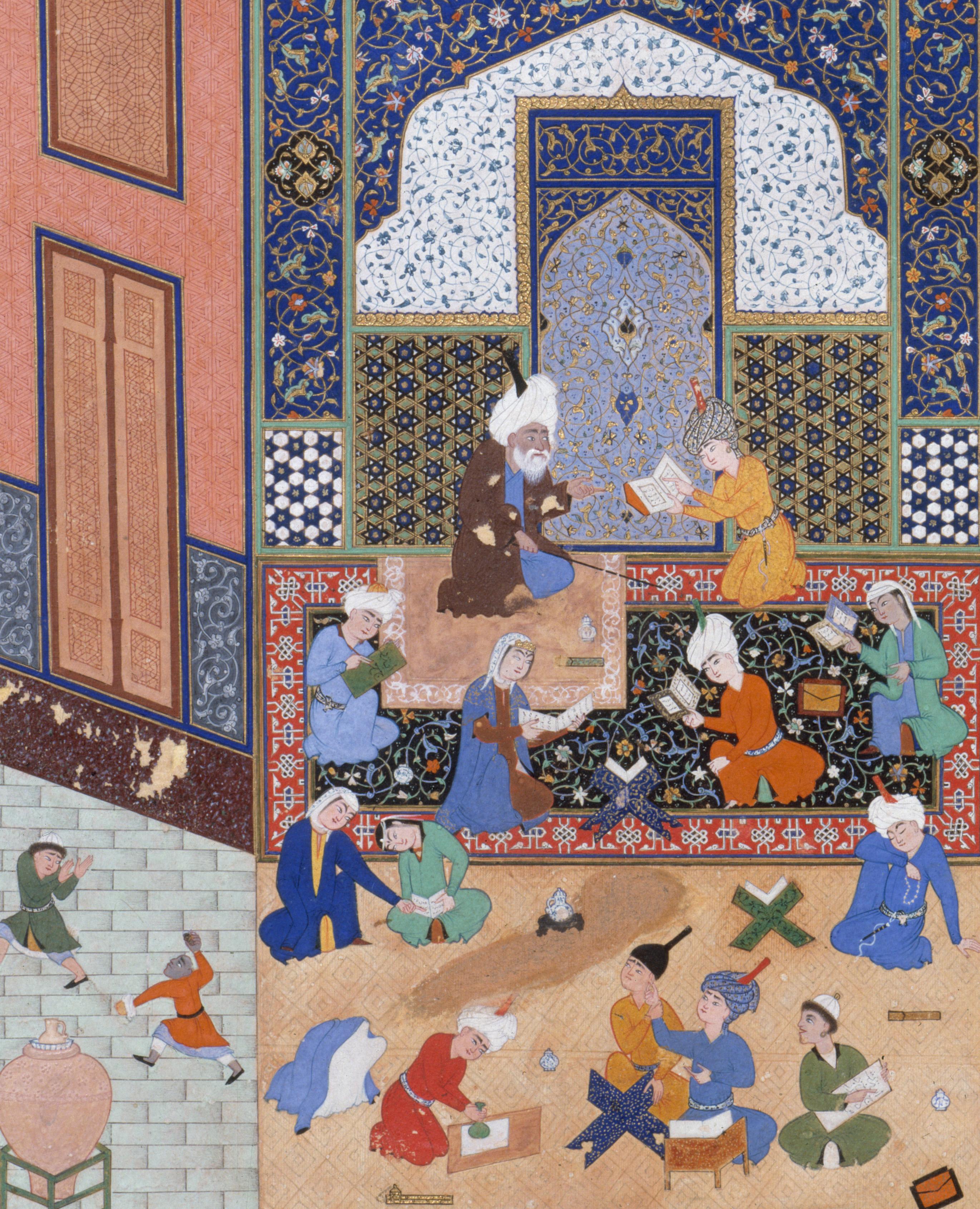 Painting of an interior of a school with children at work in the foreground and robed figures reading and writing around a tiled architectural niche.