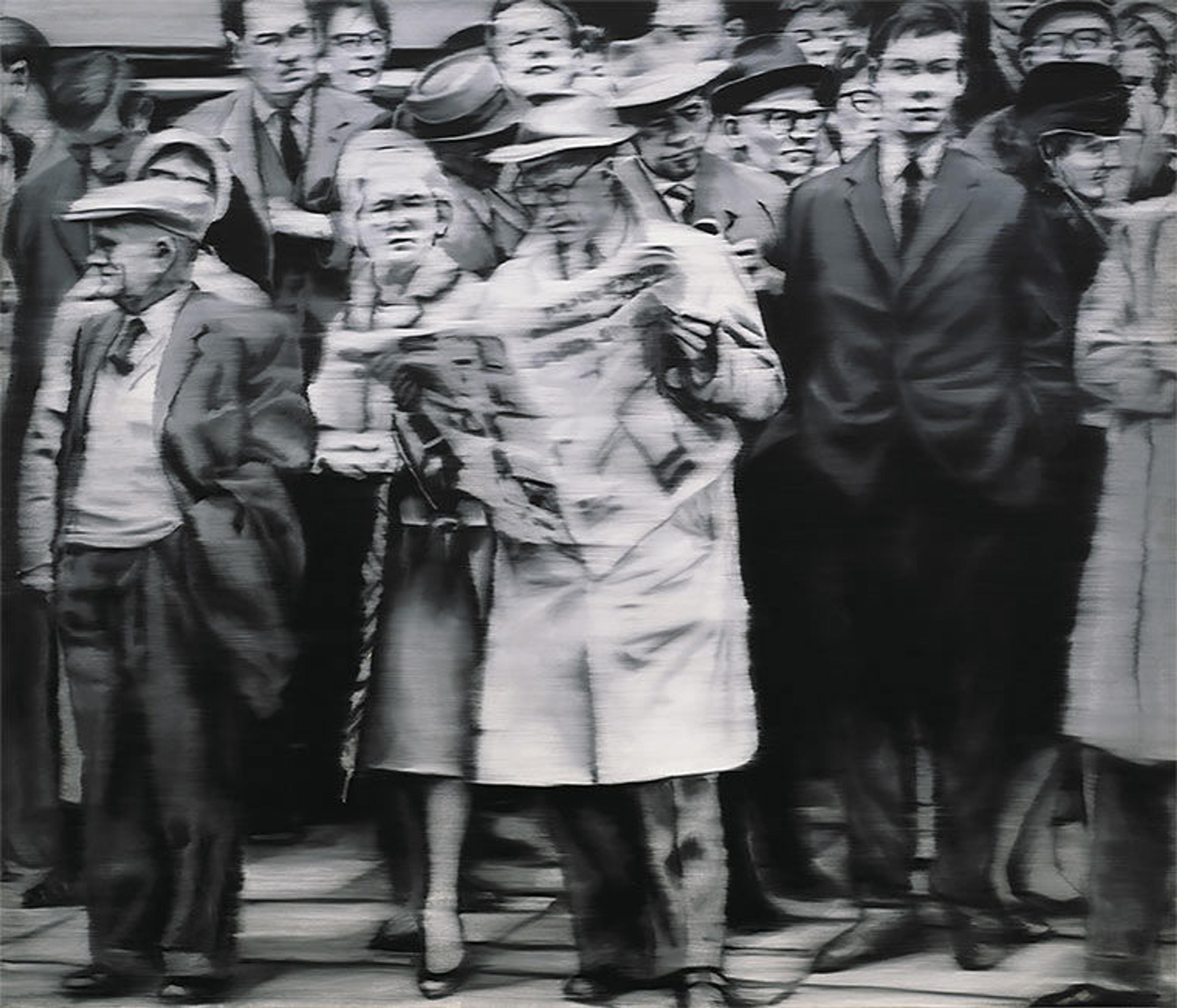 A black and white oil painting of a group of people on the street.