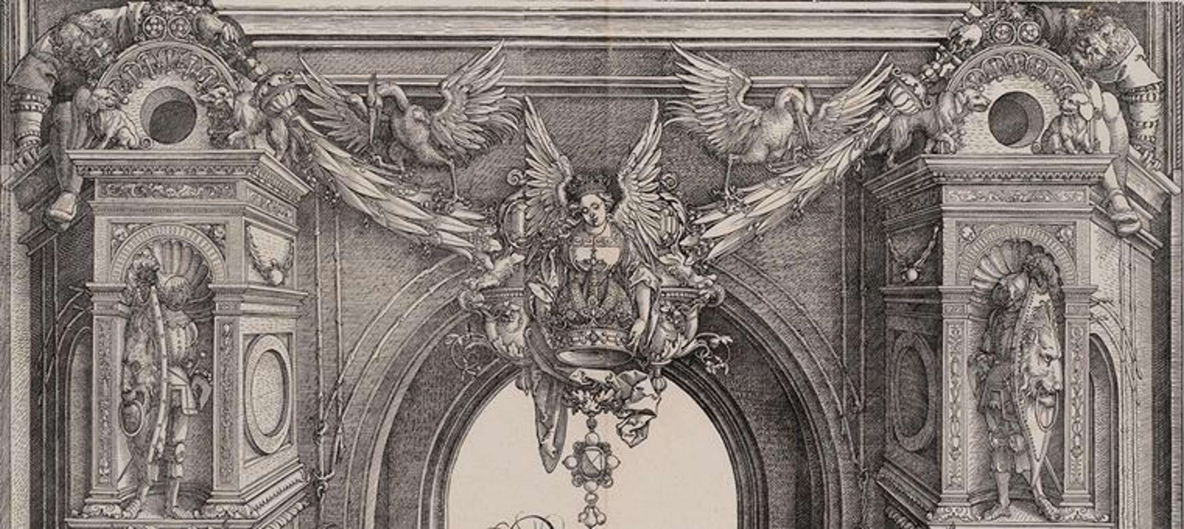 Detail from the Arch of Honor showing an angel flying through the arch, with winged swans and figures standing in niches on both sides