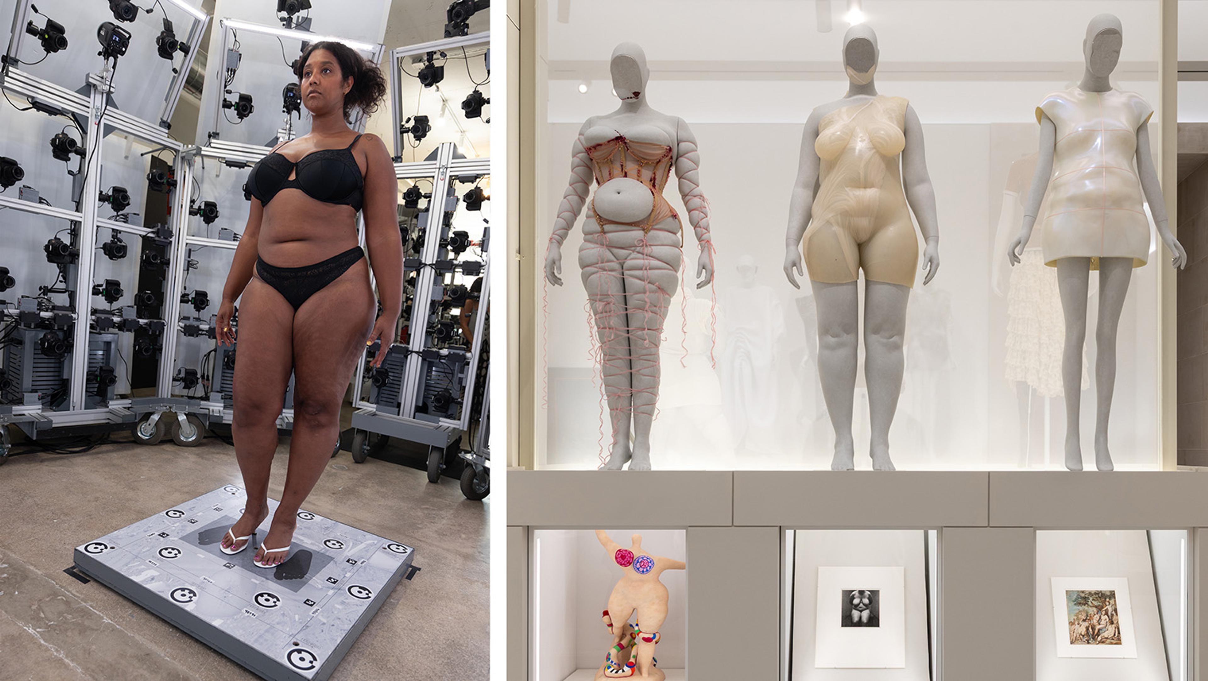 Split image: woman in black underwear stands on a body-scanning platform beside mannequins showing diverse body shapes in a bright gallery.