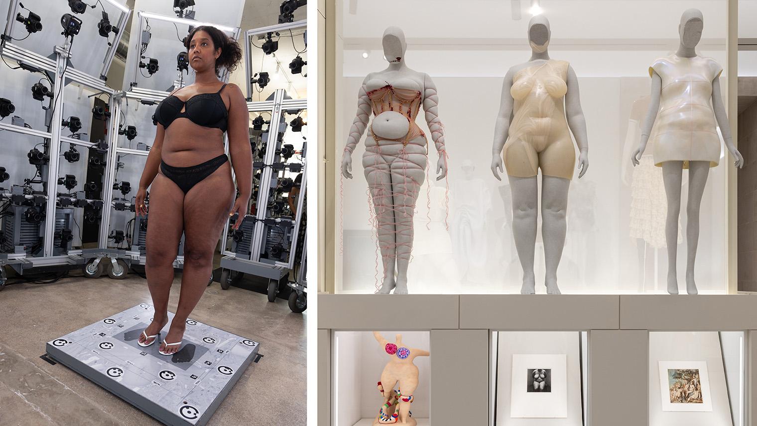 Split image: woman in black underwear stands on a body-scanning platform beside mannequins showing diverse body shapes in a bright gallery.