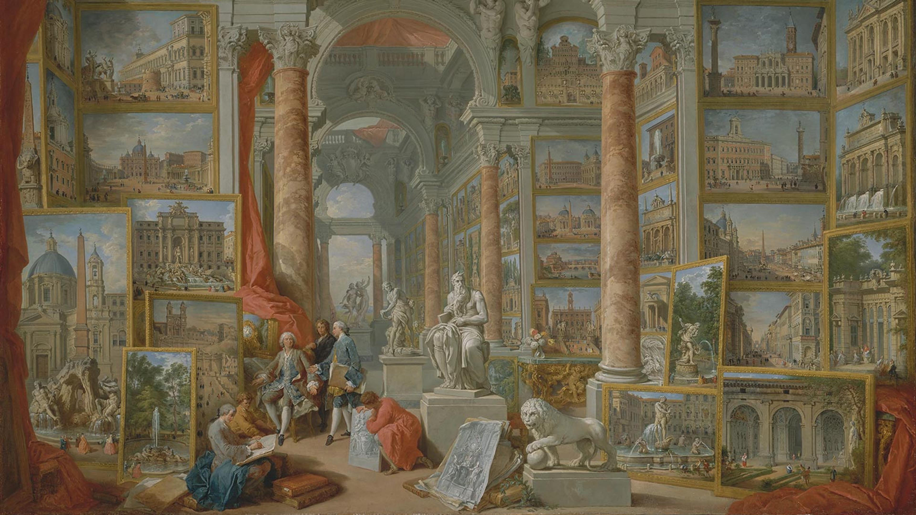 A painting of a Roman temple filled with European paintings