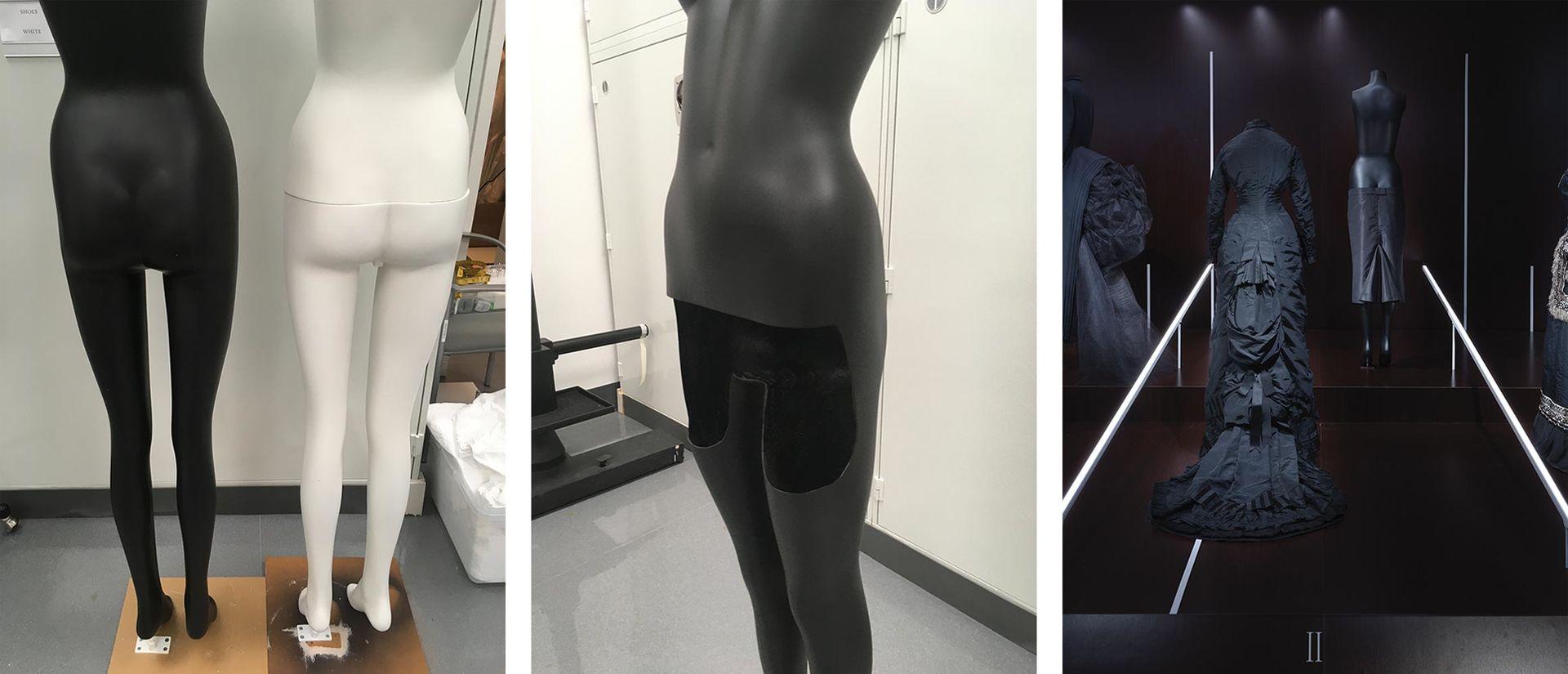 On left: Black and white mannequins with enhanced backsides. At center: 3/4 frontal view of that same black mannequin with part of the thighs cut out. On right: view of that same black mannequin being used to display an Alexander McQueen "bumster" skirt, a black pencil skirt starting just below the mannquin's rear