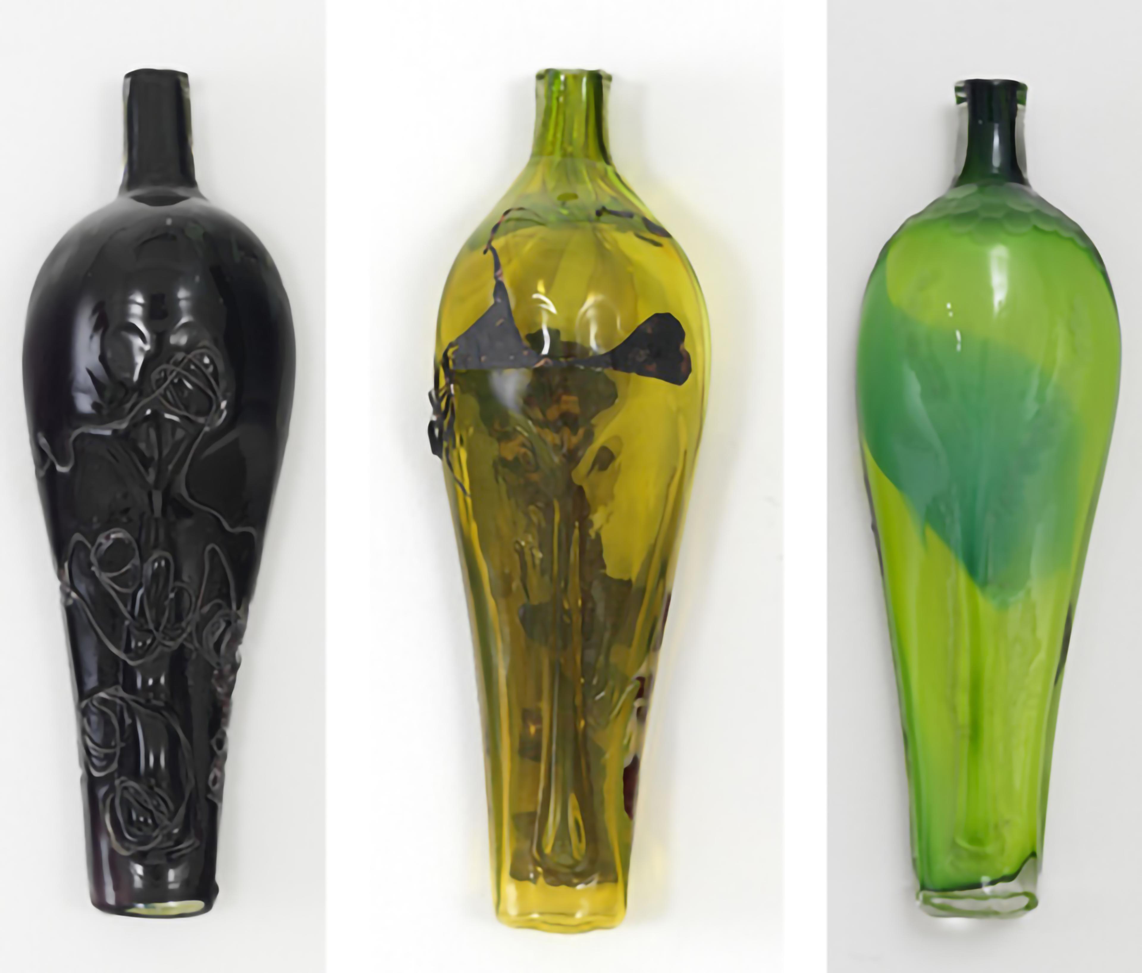 Triptych of three vases in black, yellow, and green