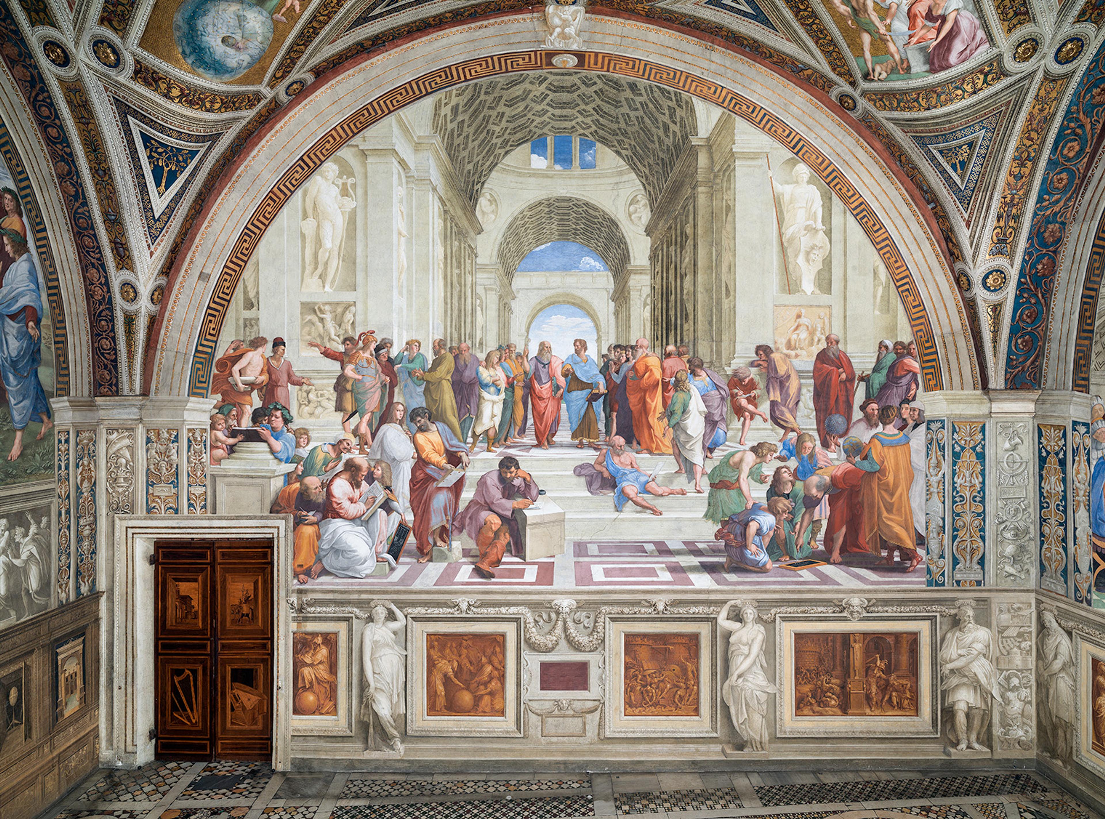 A vibrant fresco depicting scholars in a grand hall with ornate arches. 