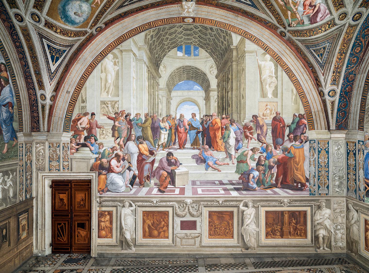 A vibrant fresco depicting scholars in a grand hall with ornate arches.