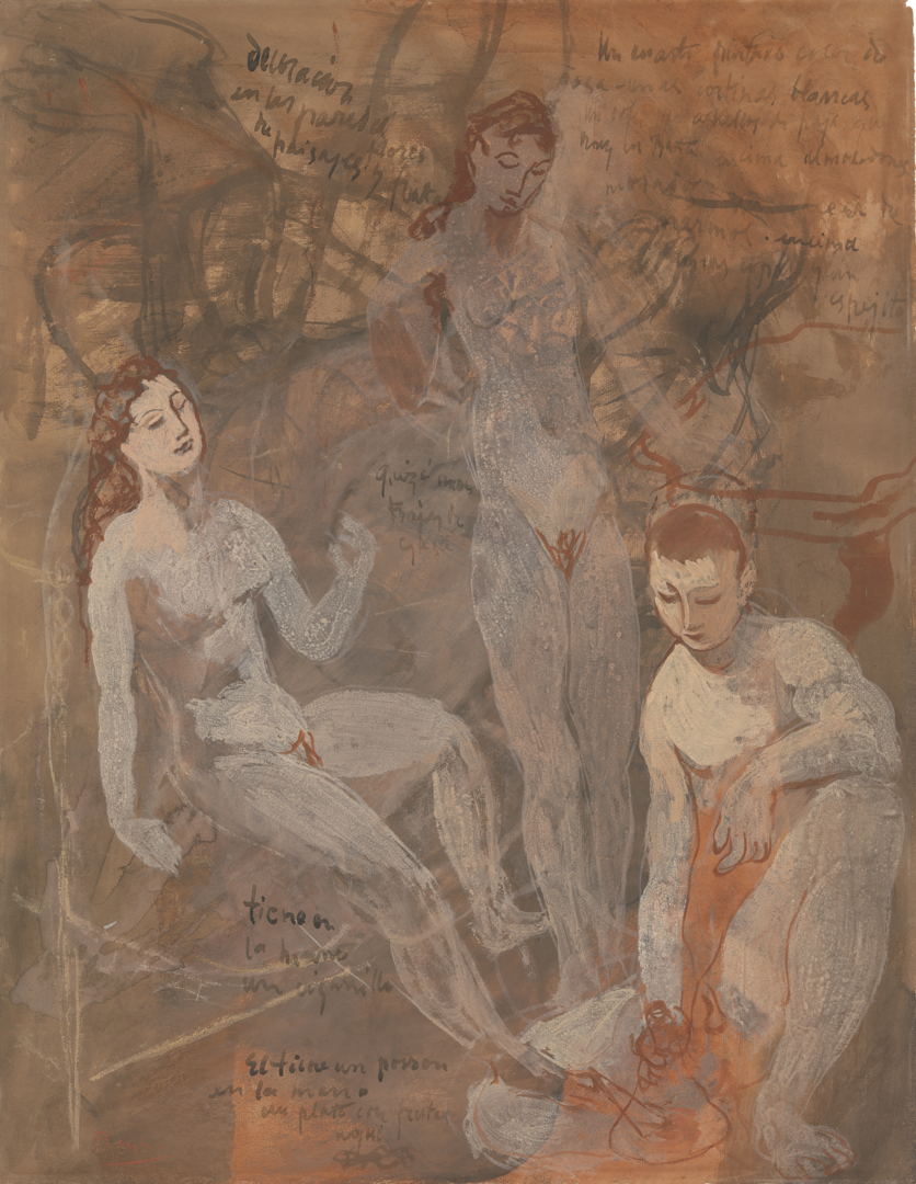 Painting of two nude women and one nude man with earlier sketches and inscription in the light brown background
