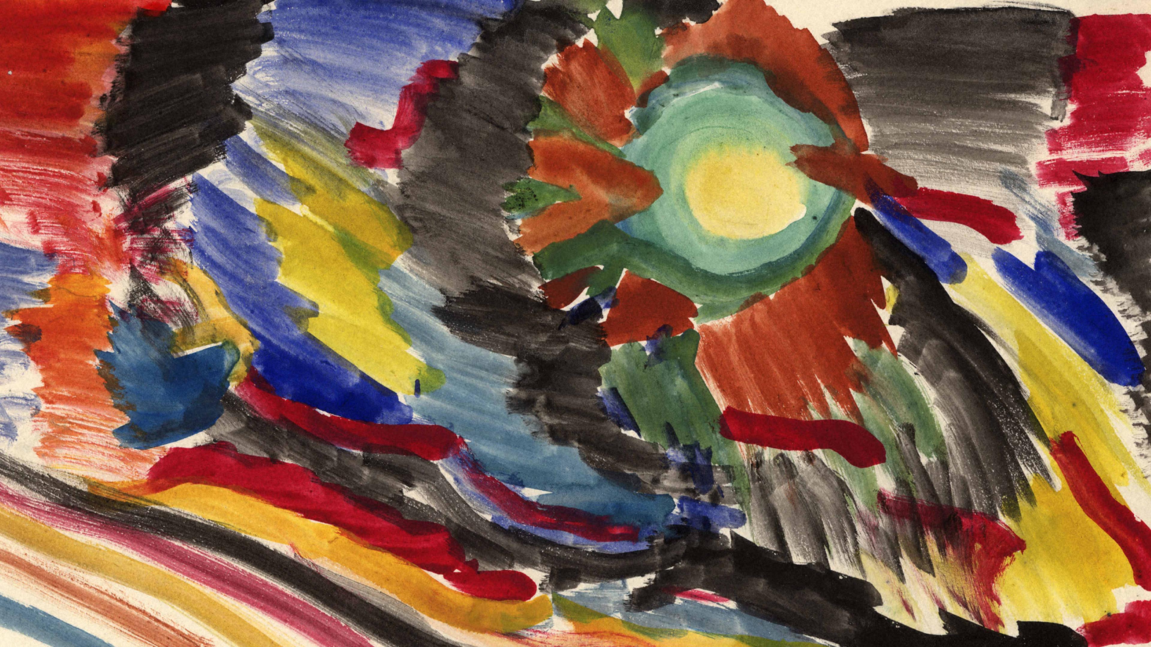 Watercolor painting with blue, yellow, and red lines