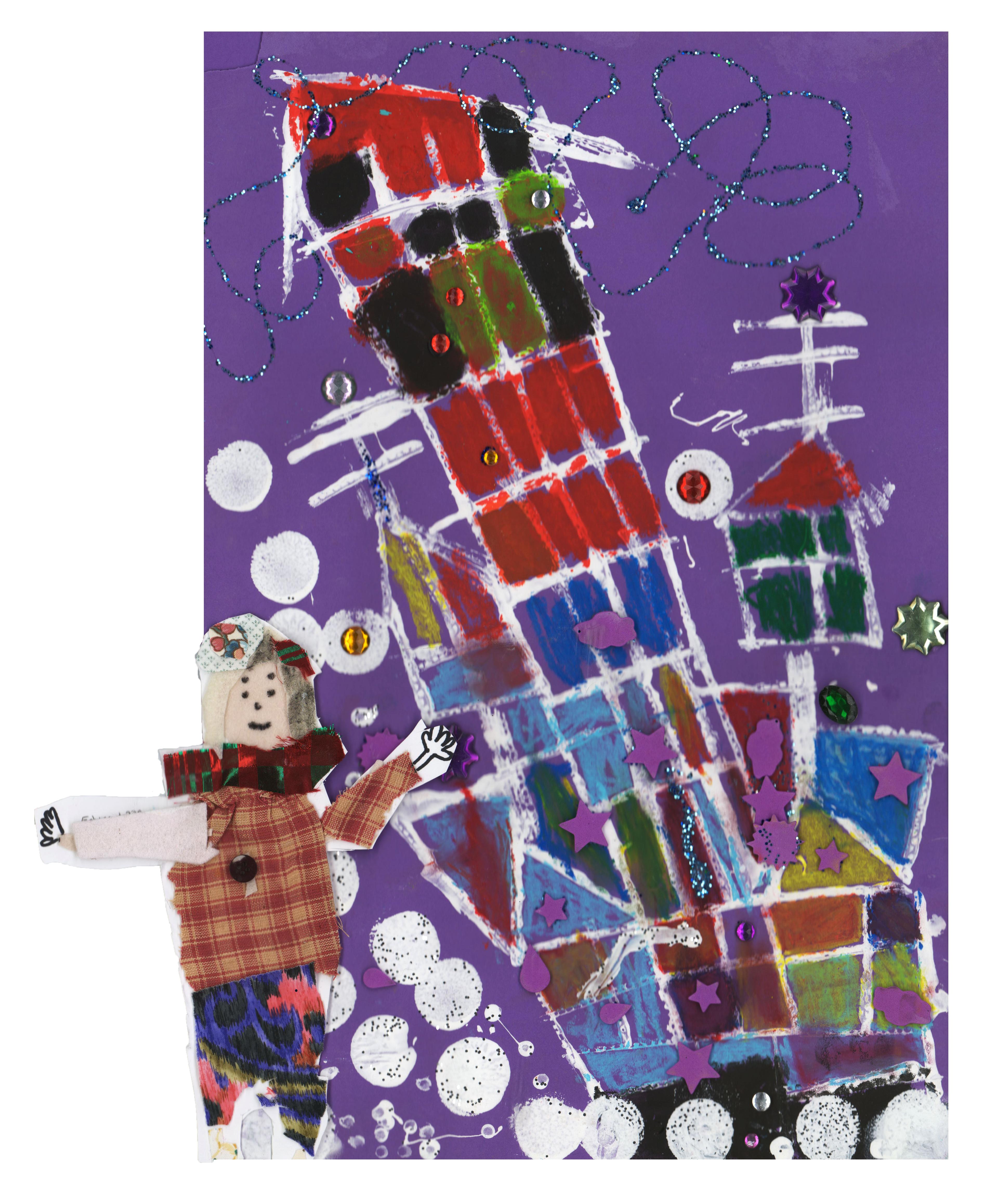 Mixed-media drawing of a tall building composed of geometric rectangular shapes outlined in white and colored blue, red, green, light blue, and black. The base of the building is at the bottom right side of the image, and the top of the building is fully tilted to the left, like the leaning tower of Pisa. At bottom left on the ground stands a collage of a woman wearing a red flannel shirt, a white beret decorated with a flower, and blue pants. She smiles and faces the viewer with her arms extended left and right. The background is purple, and circular white foam paint stamps are embossed in the spaces between the woman and the tall building. A squiggly line of looped blue glitter is drawn across the top of the image, overlapping the roof of the building.