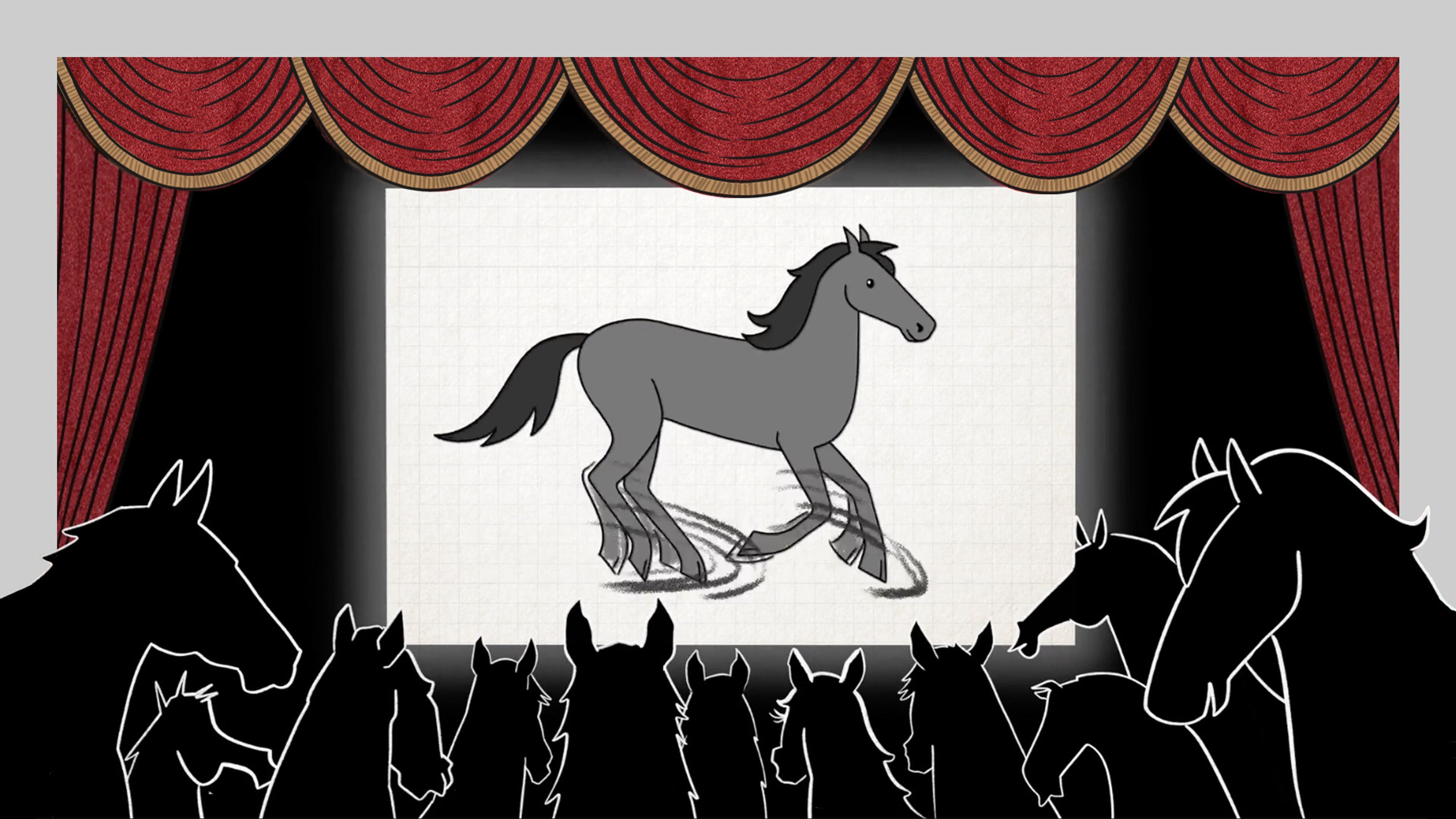 An audience of horses in a theater watching a horse on a screen framed by red curtains.