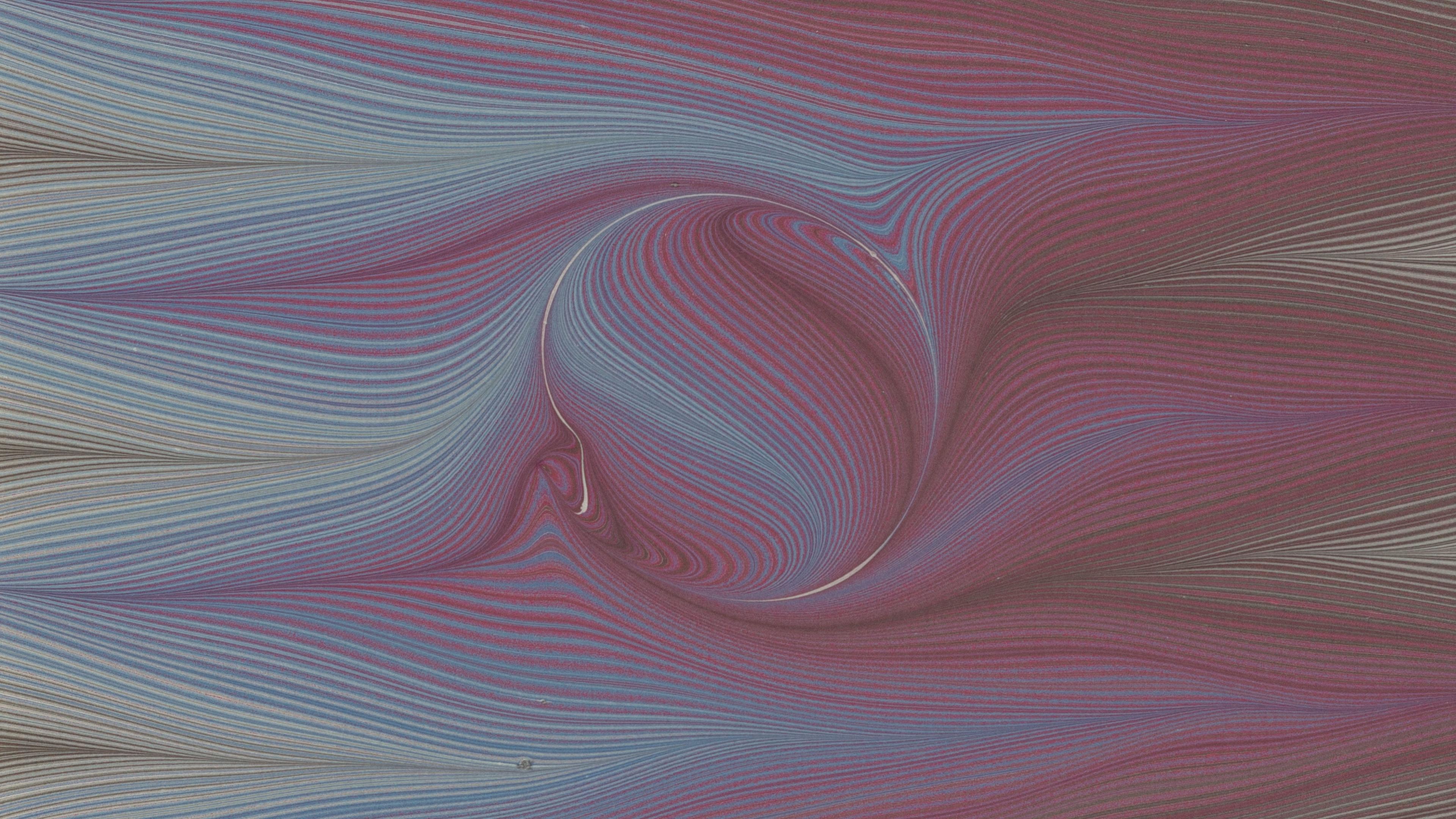 Abstract swirl of red and blue lines with a vortex-like center. Waves suggest fluid motion, evoking a dynamic, mesmerizing effect.