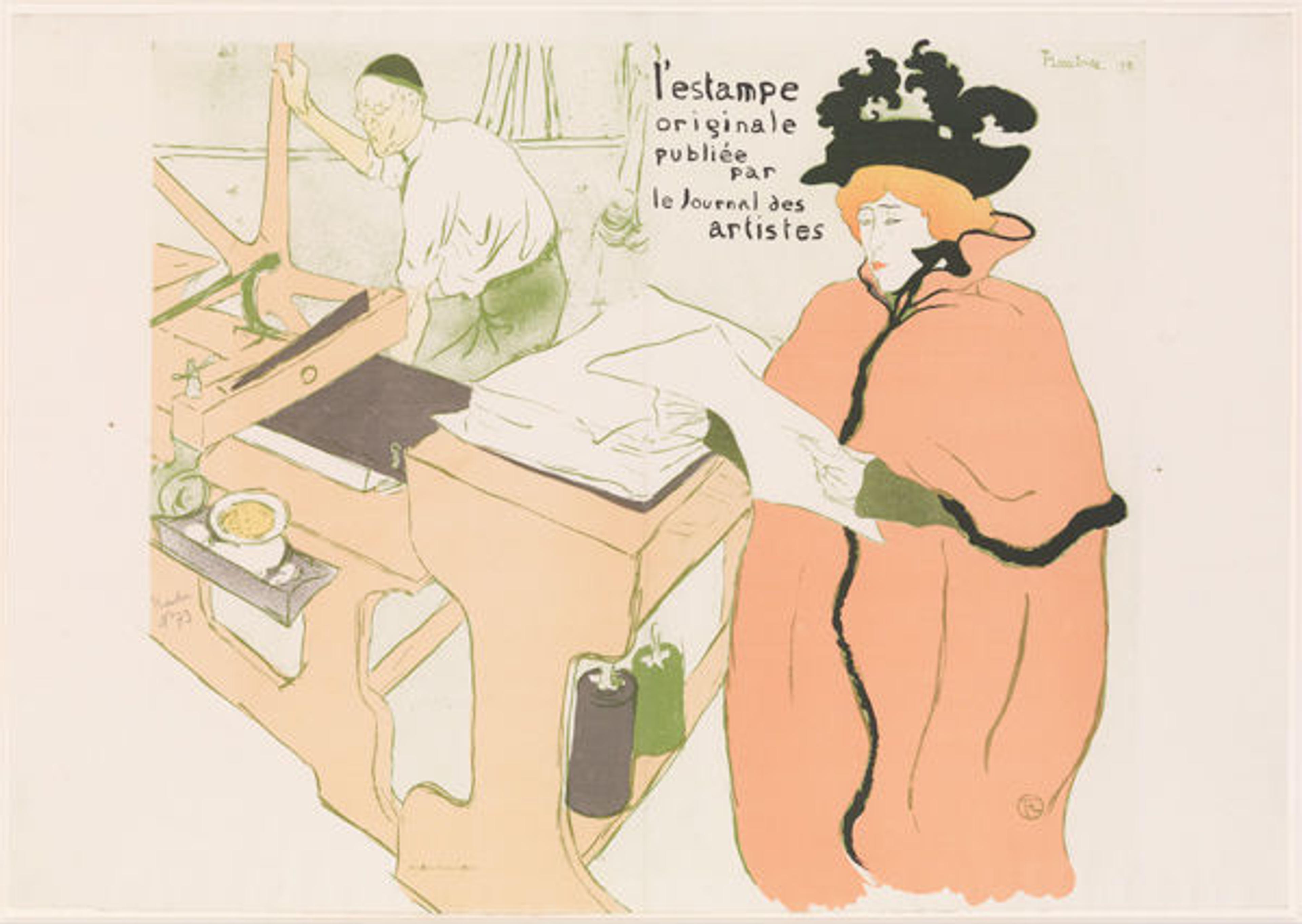 Cover for L'Estampe Originale, published by the Journal des Artistes (Album I), 1893. Henri de Toulouse-Lautrec (French, 1864–1901). Printer Edward Ancourt (French, 19th century). Publisher André Marty (French, born 1857). Lithograph printed in six colors on folded wove paper; only state; Sheet: 23 in. x 32 5/8 in. (58.4 x 82.8 cm). Image: 22 1/4 x 25 11/16 in. (56.5 × 65.2 cm). The Metropolitan Museum of Art, New York, Rogers Fund, 1922 (22.82.1-1)
