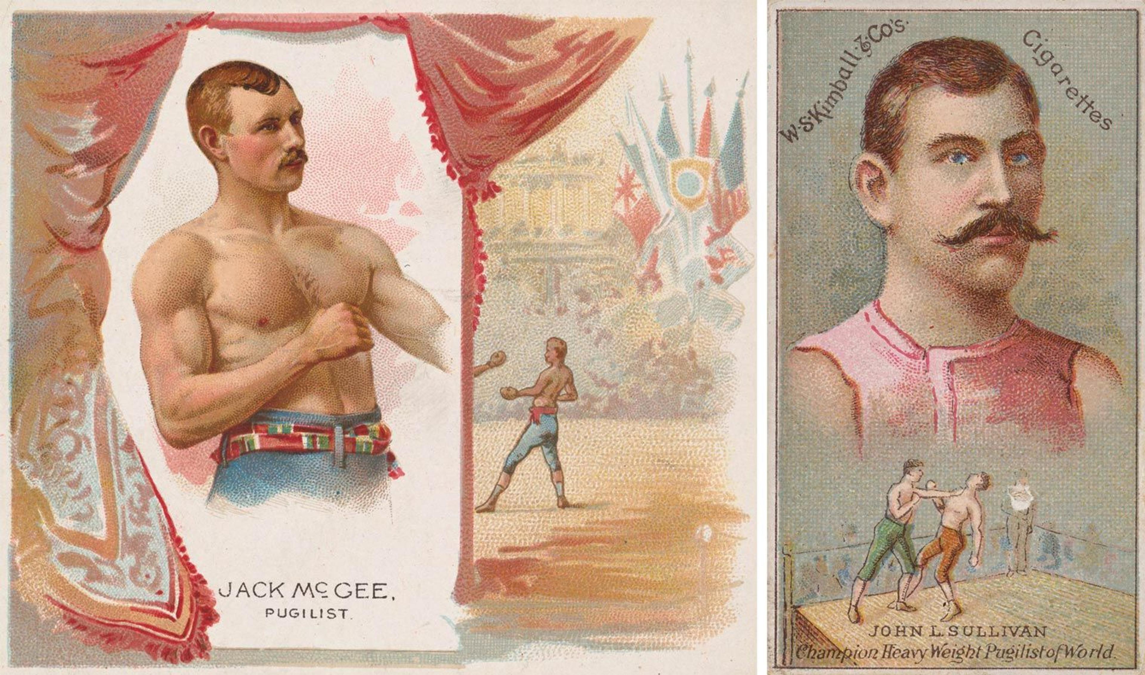 Two boxing cards from the 1880s, one depicting Jack McGee, and another John L. Sullivan