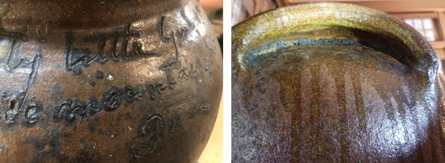 Composition image: detail of a jar made by Dave (later known as David Drake) in the lab black residue is visible, and on the right detail of a jar made by Dave (later known as David Drake) in the lab black residue is visible under the handles.