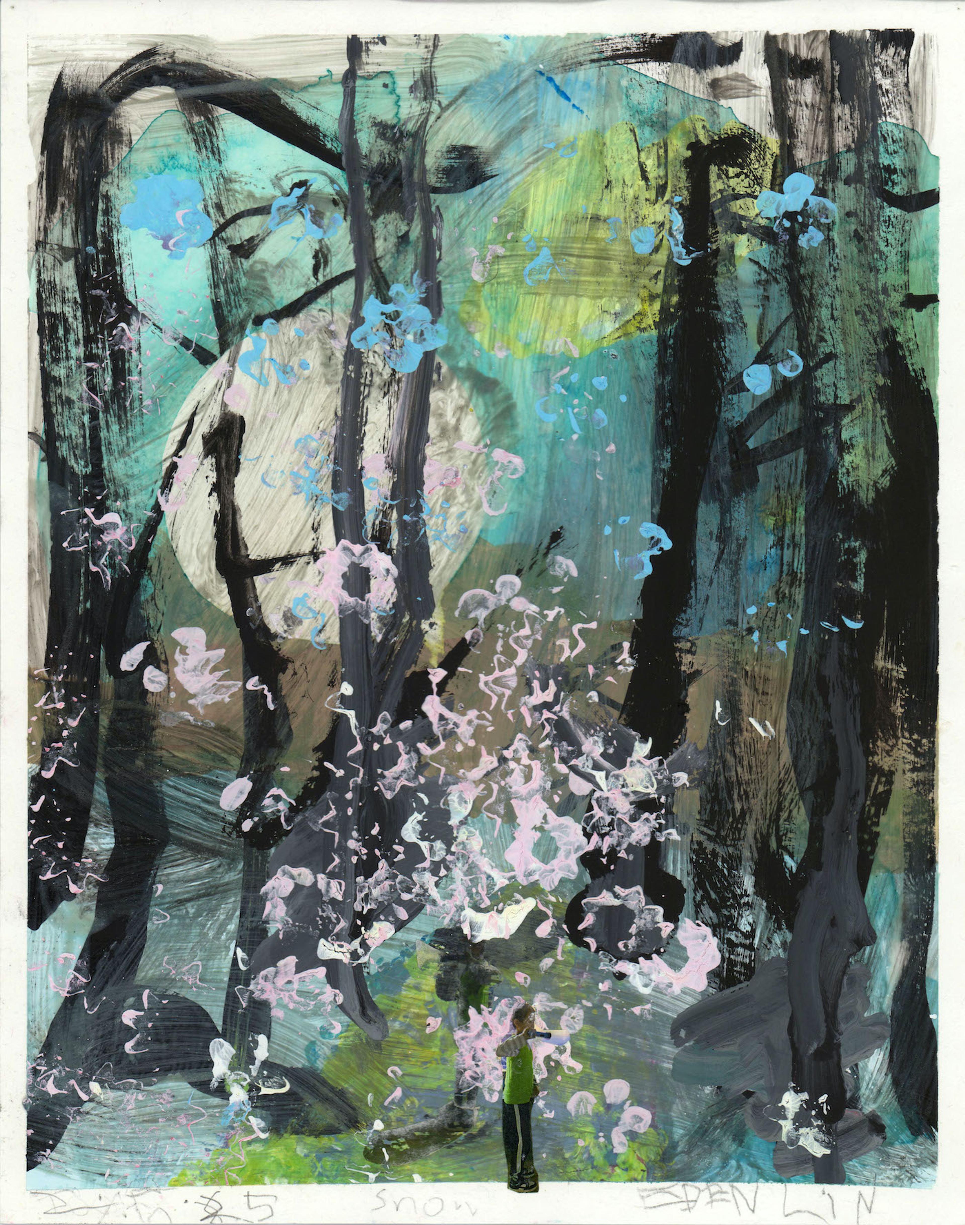 Mixed media abstract painting of a snowy landscape featuring tall black trees, daubs of white snow and blue leaves, a blue green sky, and the suggestion of a pale moon and a faint yellow sun in the background.