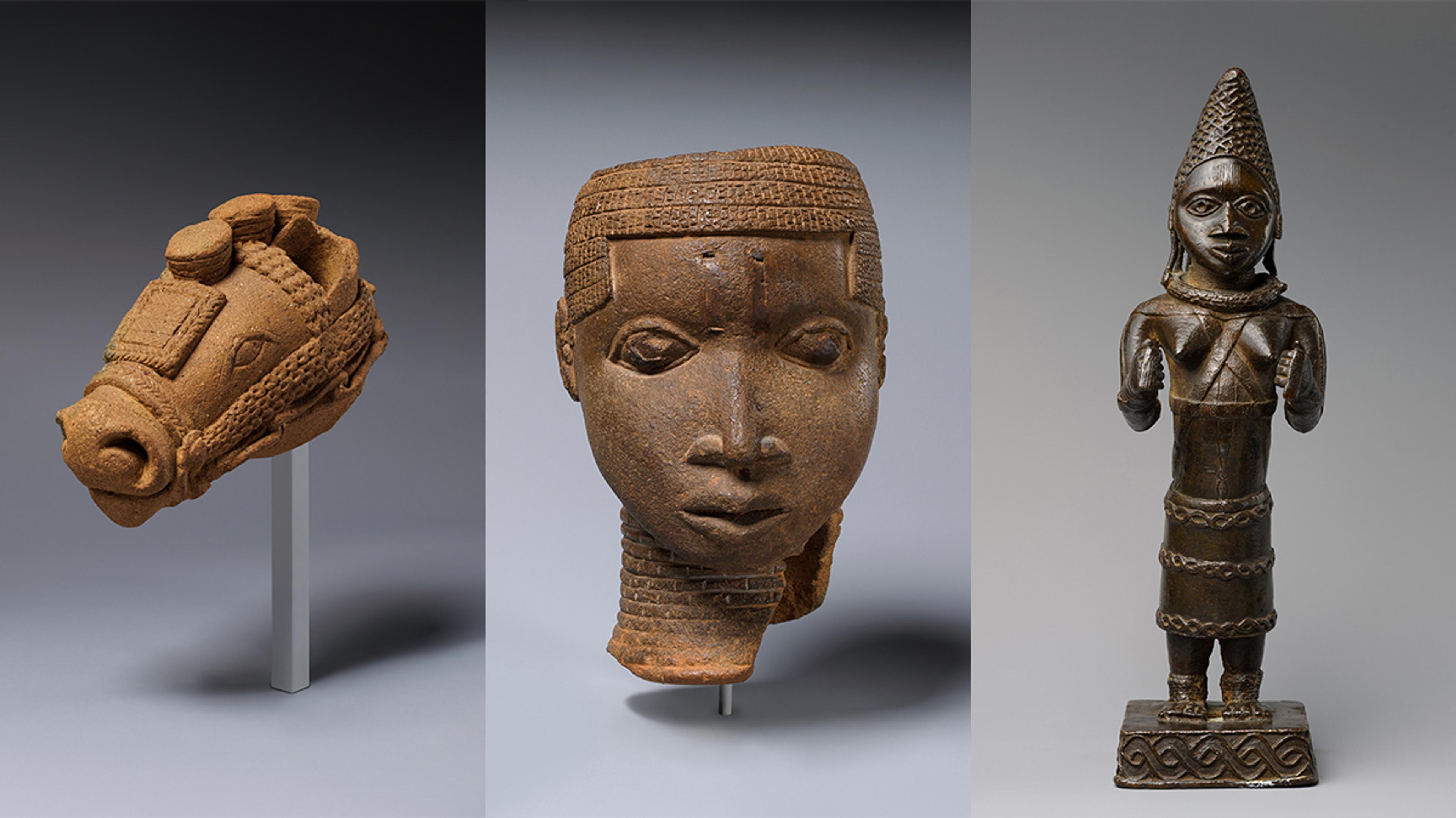 a terracotta horse head, a bronze commemorative head with a beaded collar, and a small bronze figure wearing a conical hat and beaded jewelry, standing on a decorated base