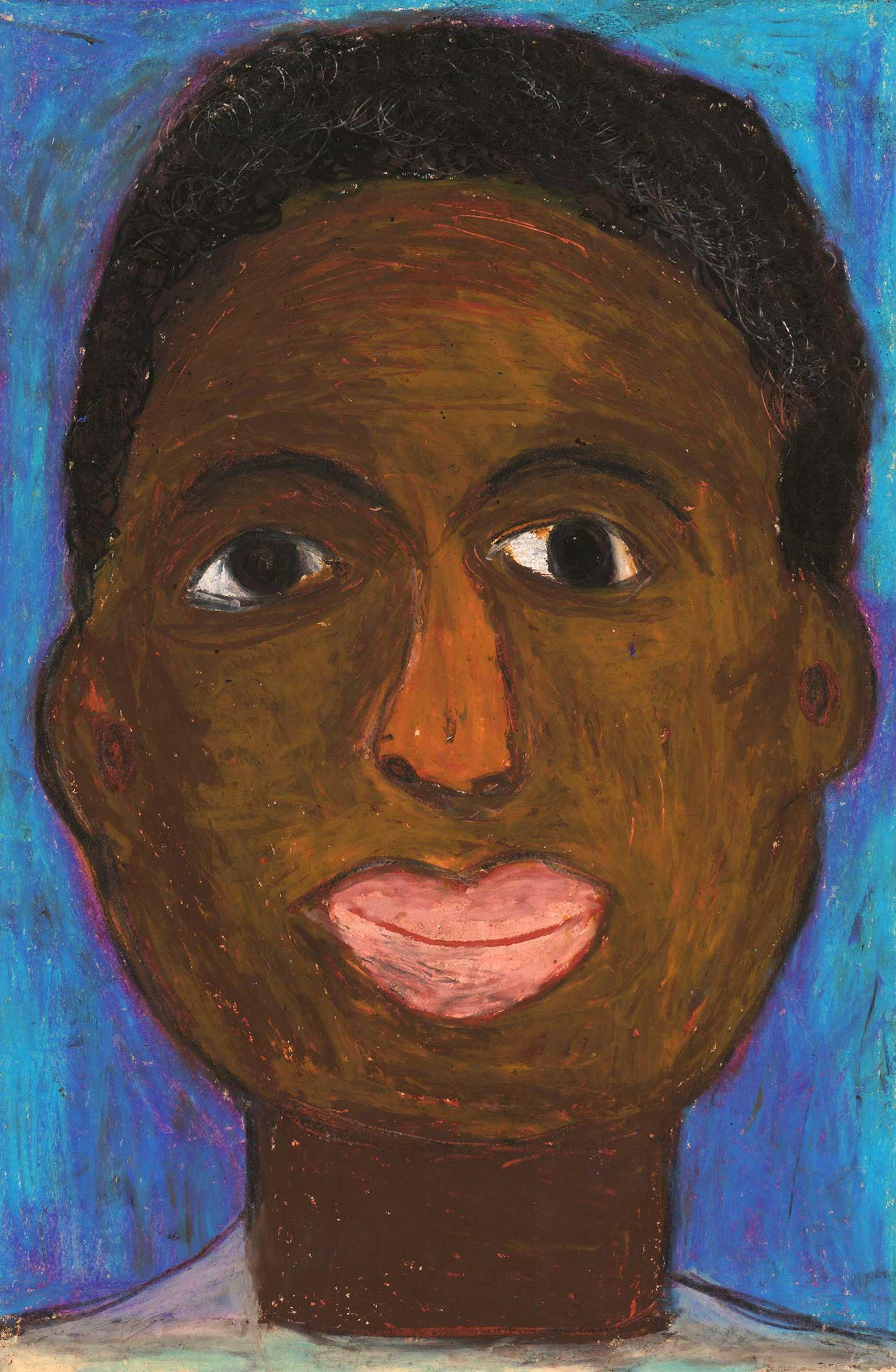 Drawing of a young boy with brown skin on a blue background.