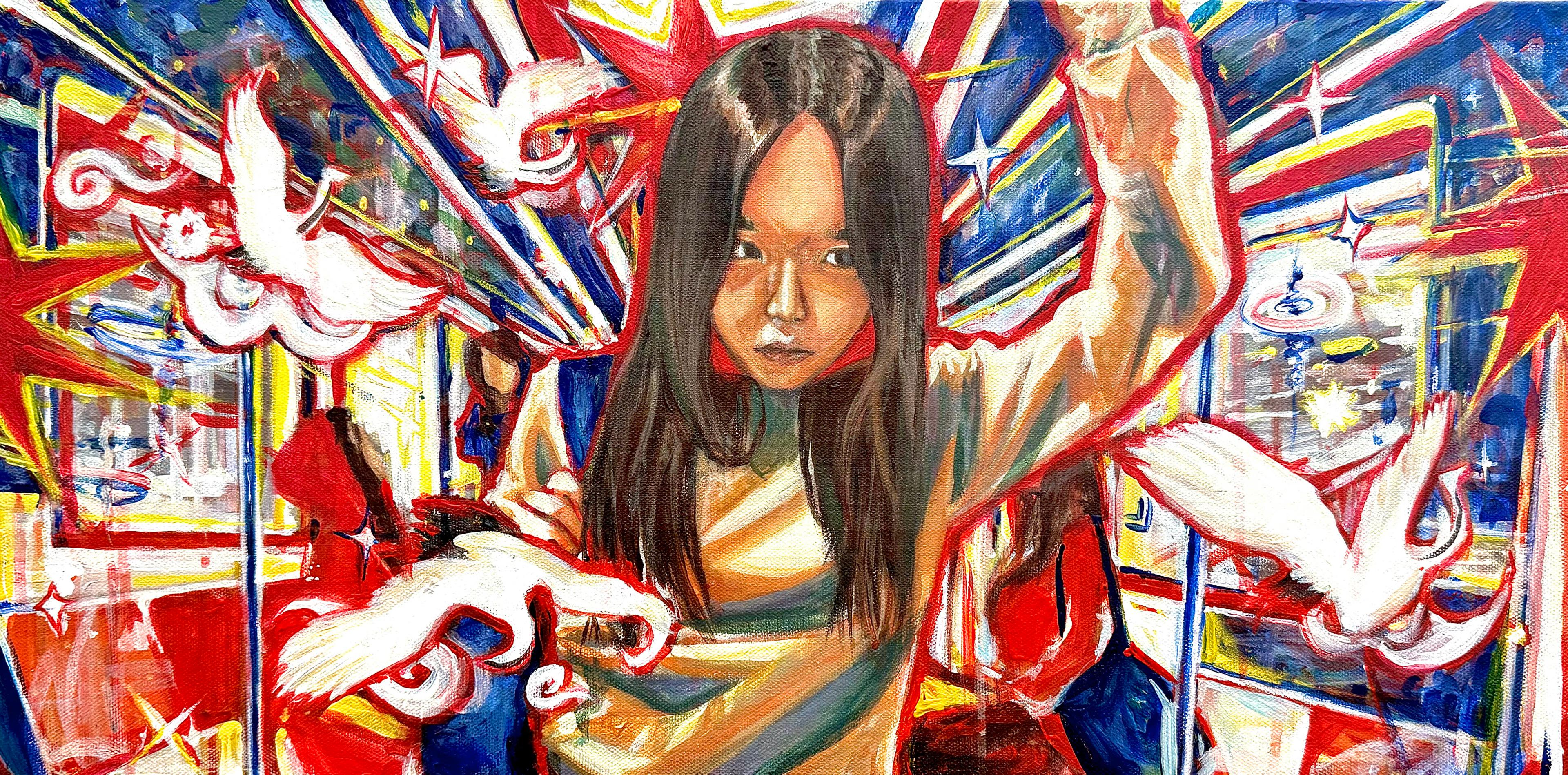 Stylized painting of a girl standing in a subway car, outlined in red, with white birds and red stars surrounding her.