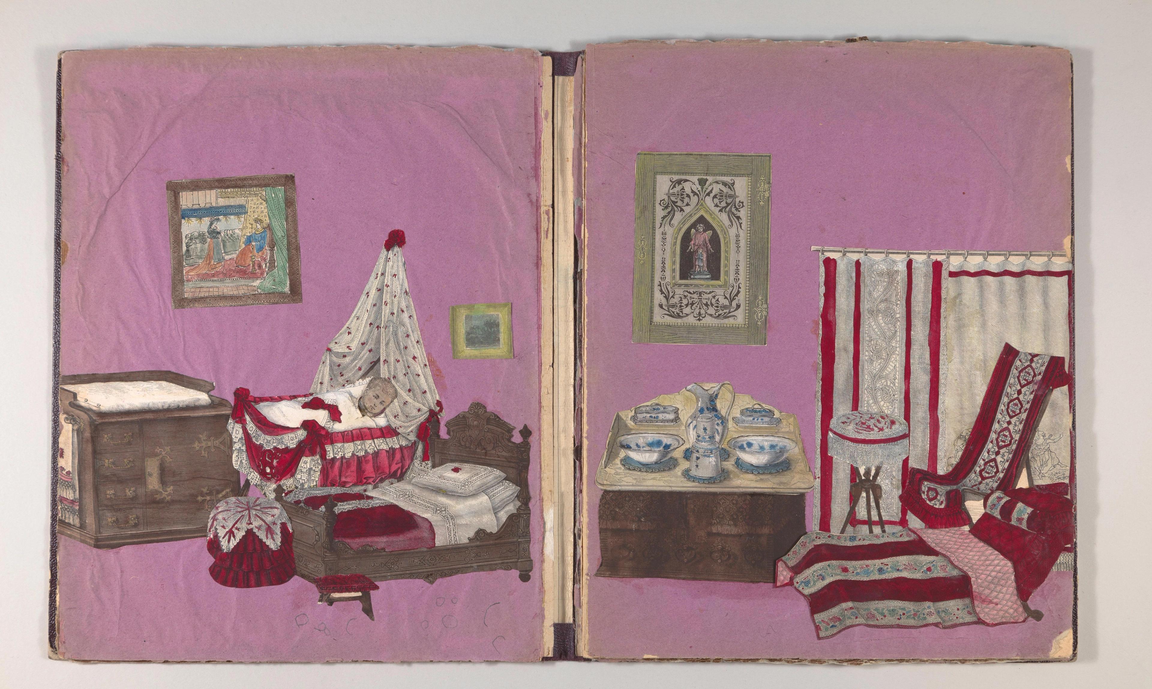 Magenta room with a baby in a cradle