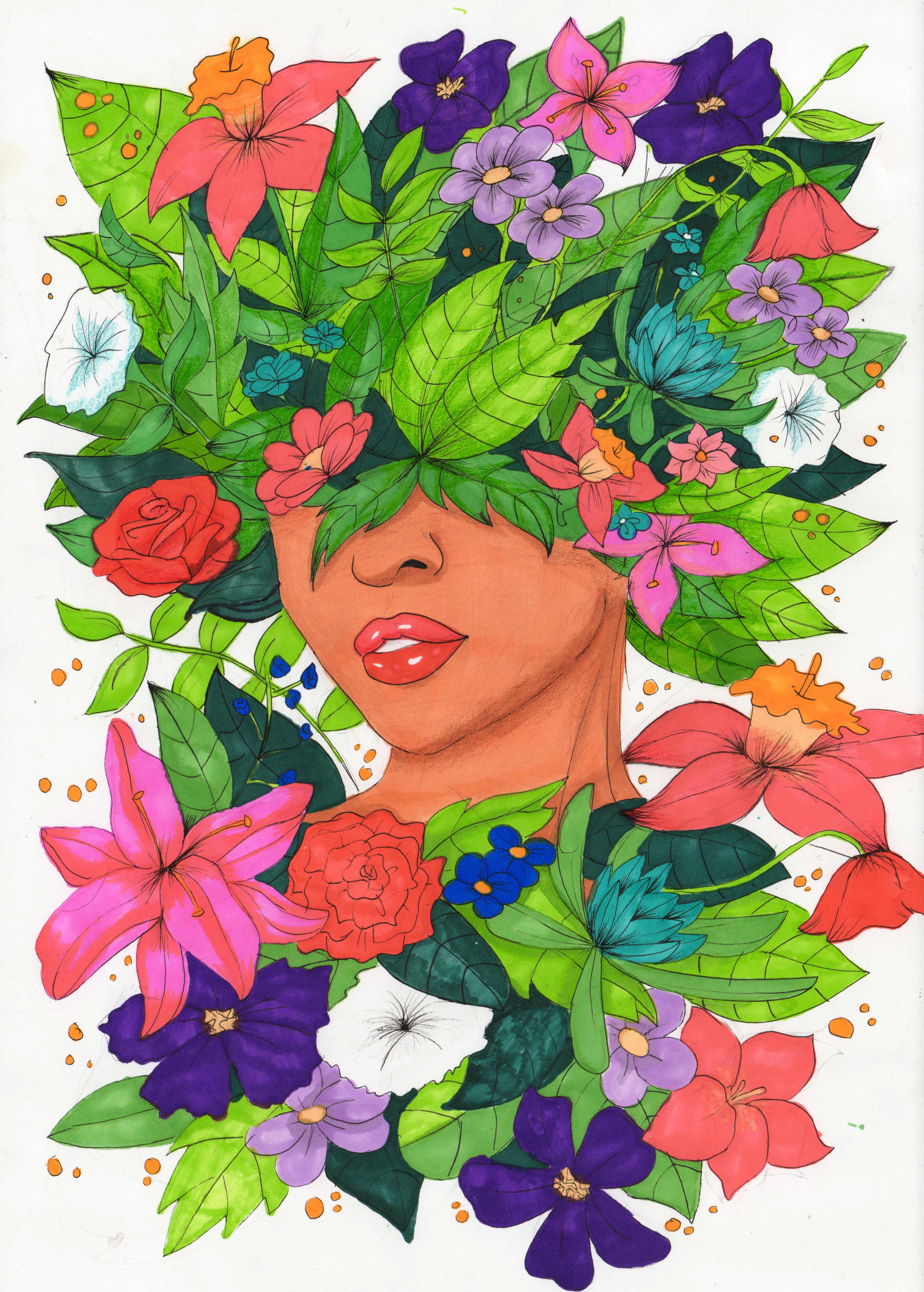 Alcohol marker portrait of a female face with slightly opened red lips, facing the viewer. The subject is completely obscured by leaves and flowers except for her nose, lower jaw, and neck. Red, violet, blue, pink, and white flowers are arranged around the head and shoulders like a wreath. Dense green leaves fully cover the eyes.