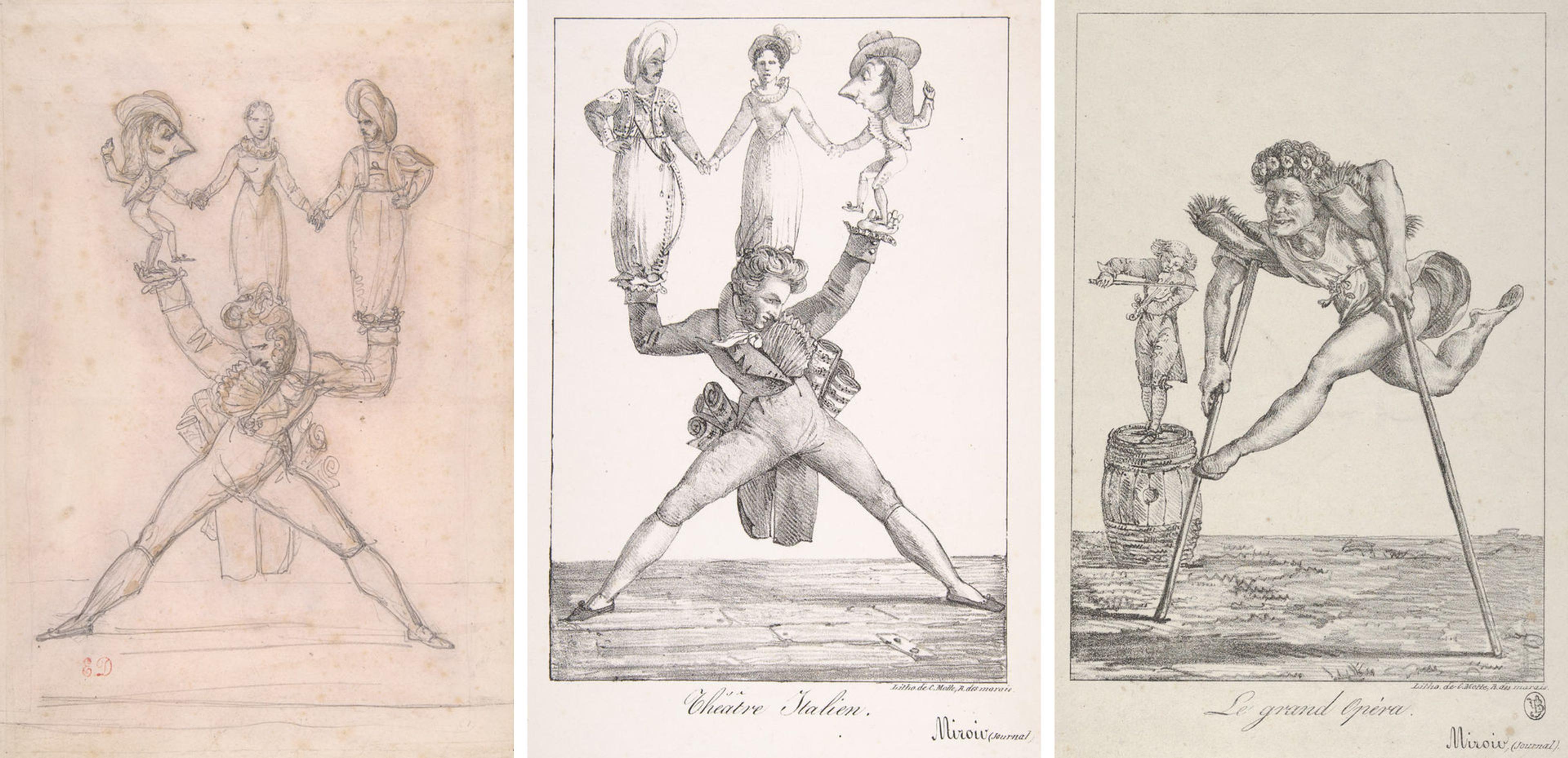 Three satirical works by Eugene Delacroix skewering the opera world: a drawing (left) and two lithographs (center and right)