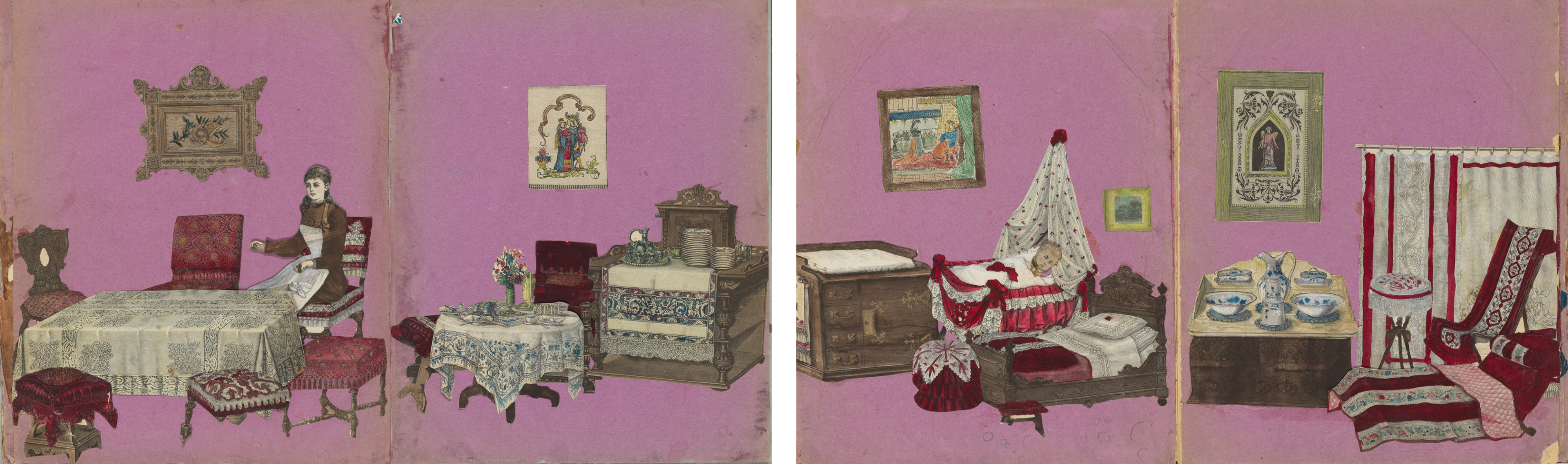 Book opened to two pages, side by side. On the left is a dining room set for paper dolls. The dolls can be placed around two tables atop several chairs and cushions, or aside a dresser set with plates. On the right is a nursery, with a wooden changing table, a cradle with red and white ruched fabric, and a small bed with a red comforter.