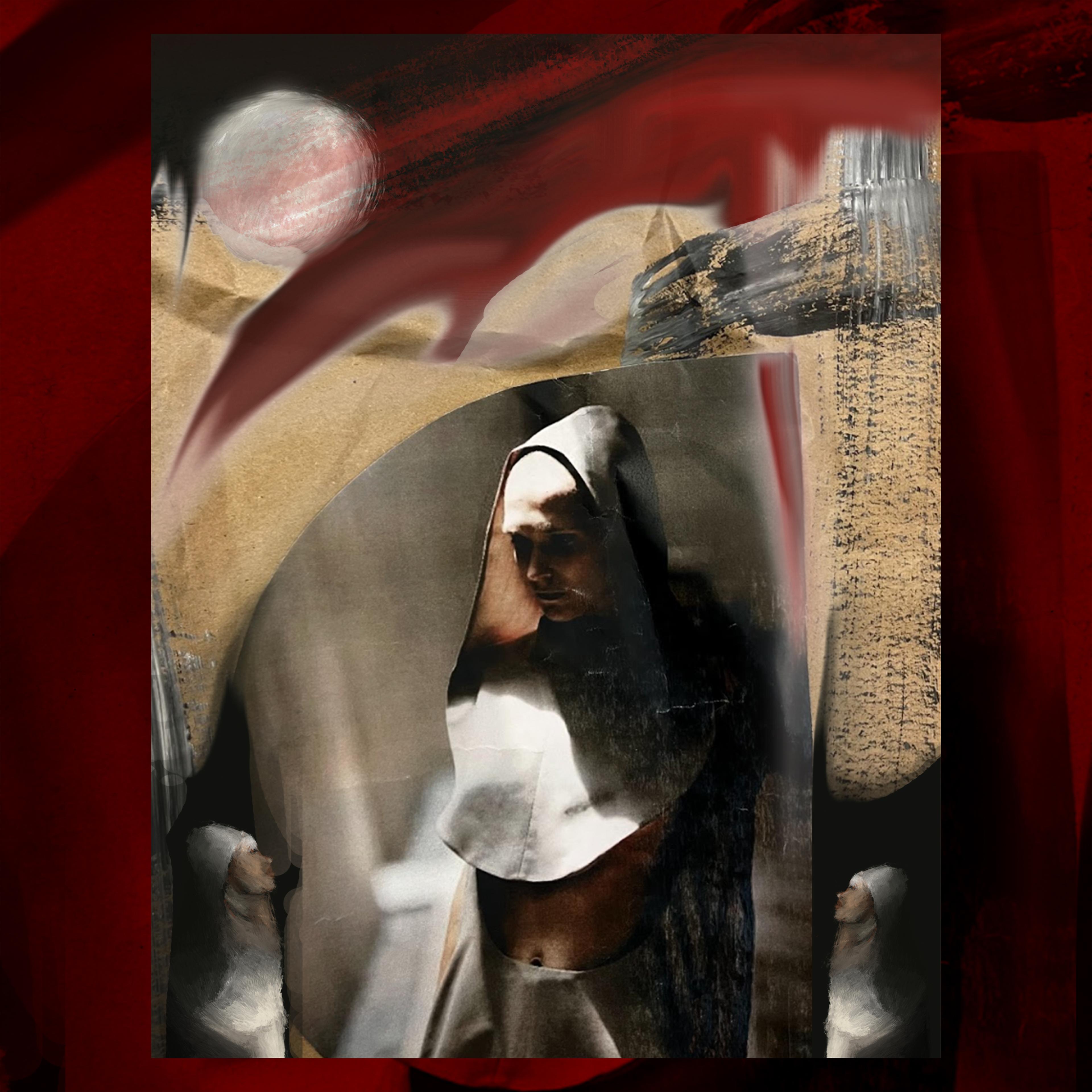 Shadowy image of a nun, wearing a habit with her midriff exposed. Thick paint strokes in yellow and gray frame the figure, and the entire composition is set against a background of deep red.