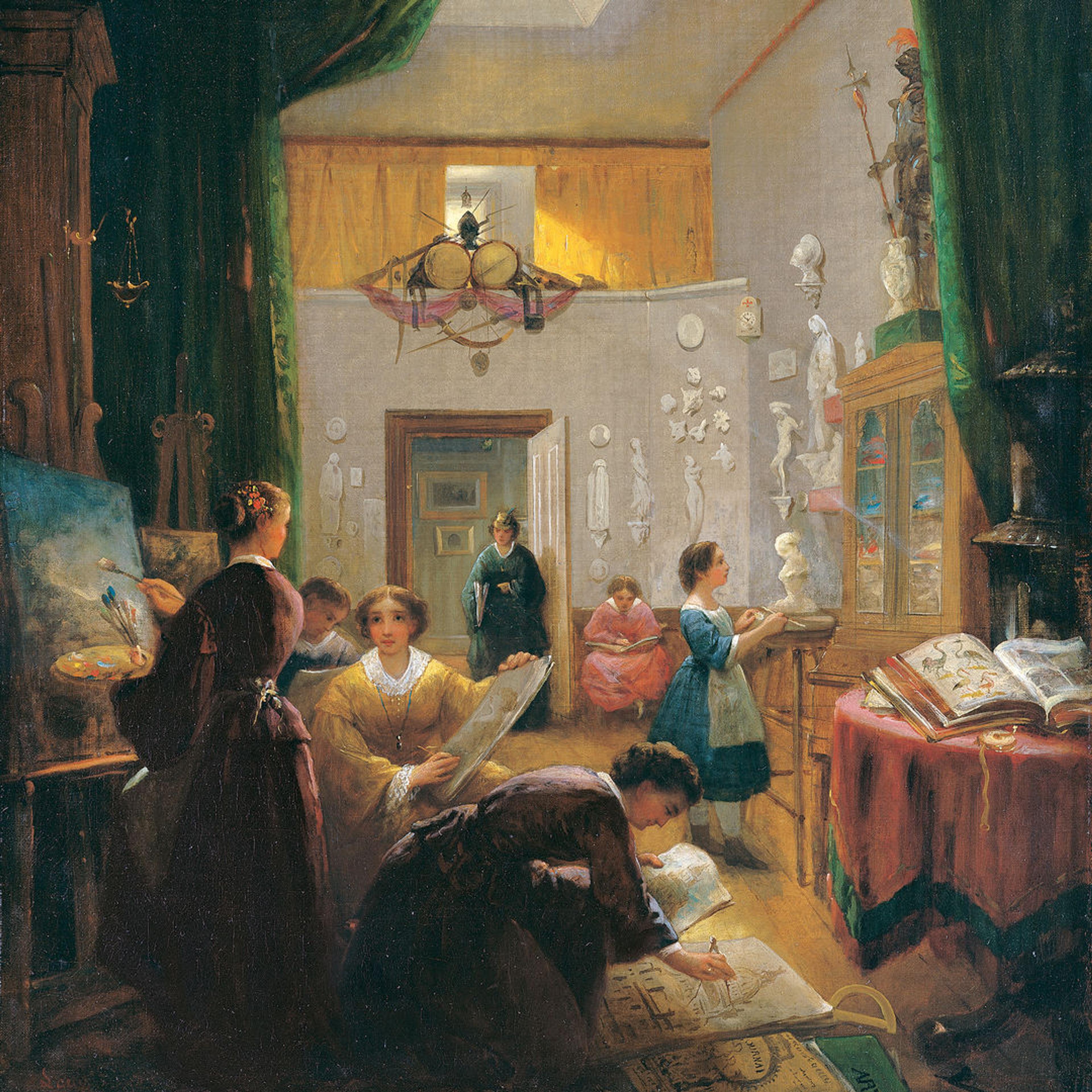 Woman painting while in a room full of women reading