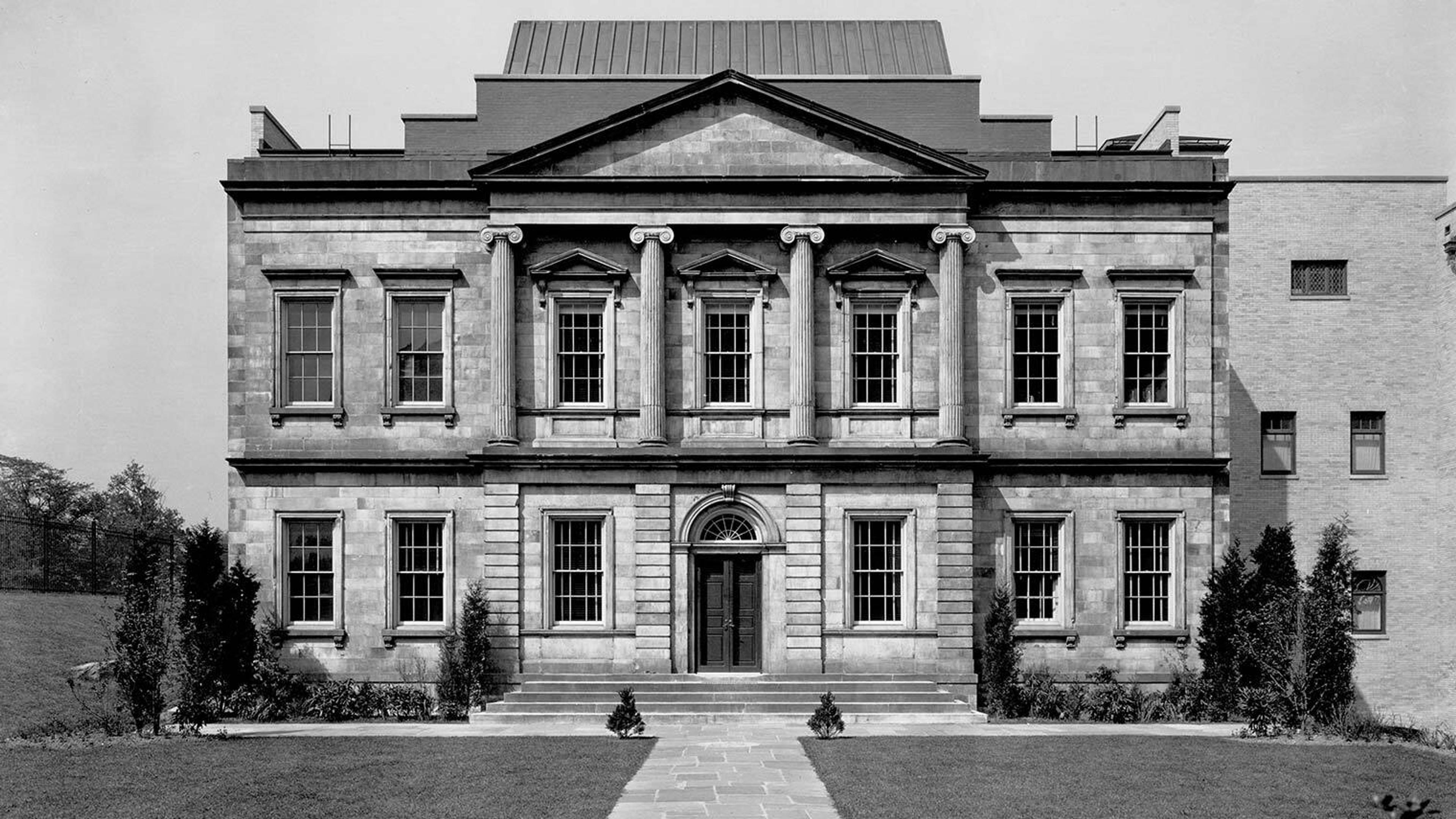 The Second Branch Bank facade installed on a lawn in Central Park