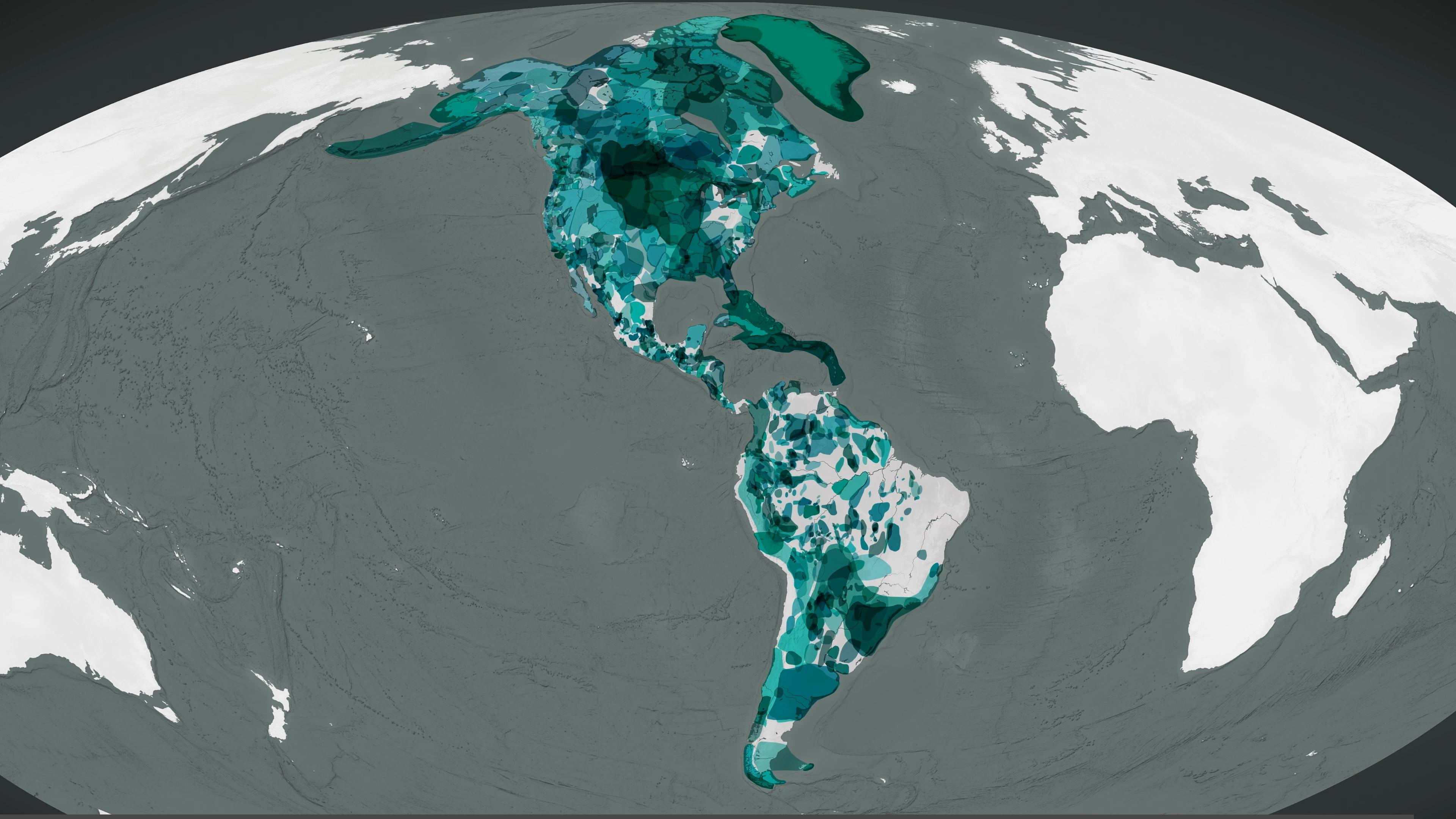 Map view of the Americas showing the widespread survivance of Indigenous communities as blue-green regions across the continent