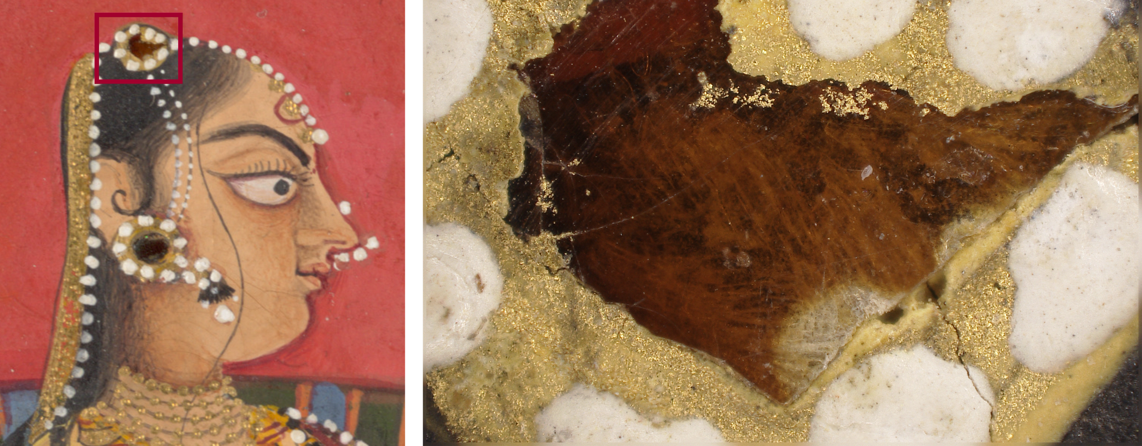 Diptych showing a detail view of a heavily bejeweled courtesan at left, with the magnification of her gemstone hairpiece at right